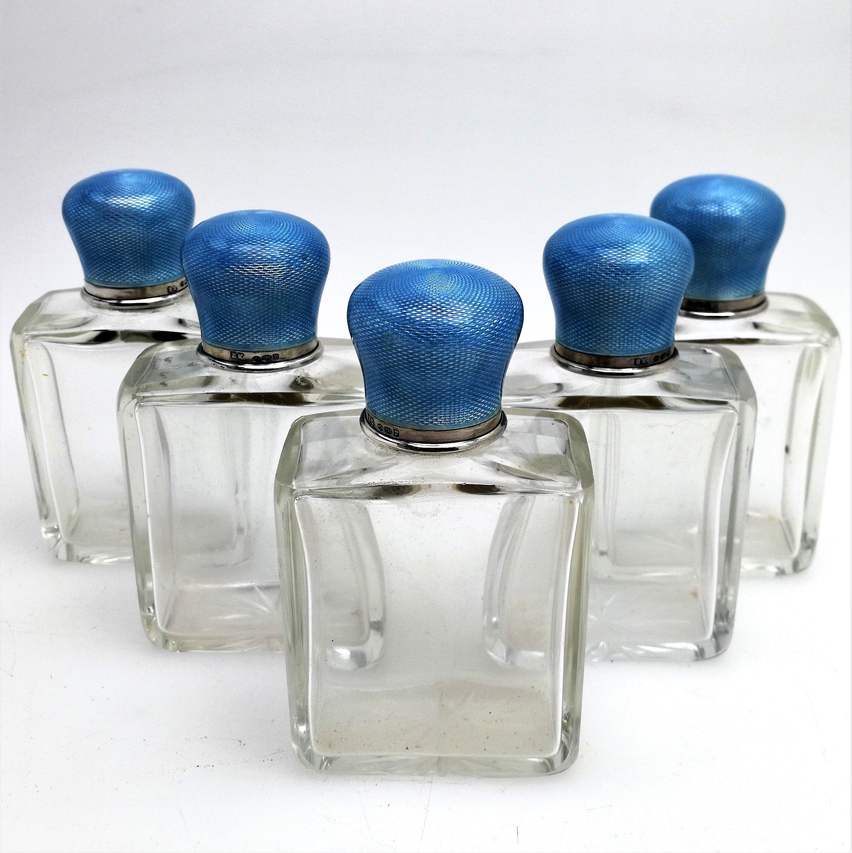 Sterling Silver Set of 5 Silver and Enamel Topped Glass Scent Bottles 1912 Perfume / Cosmetics For Sale