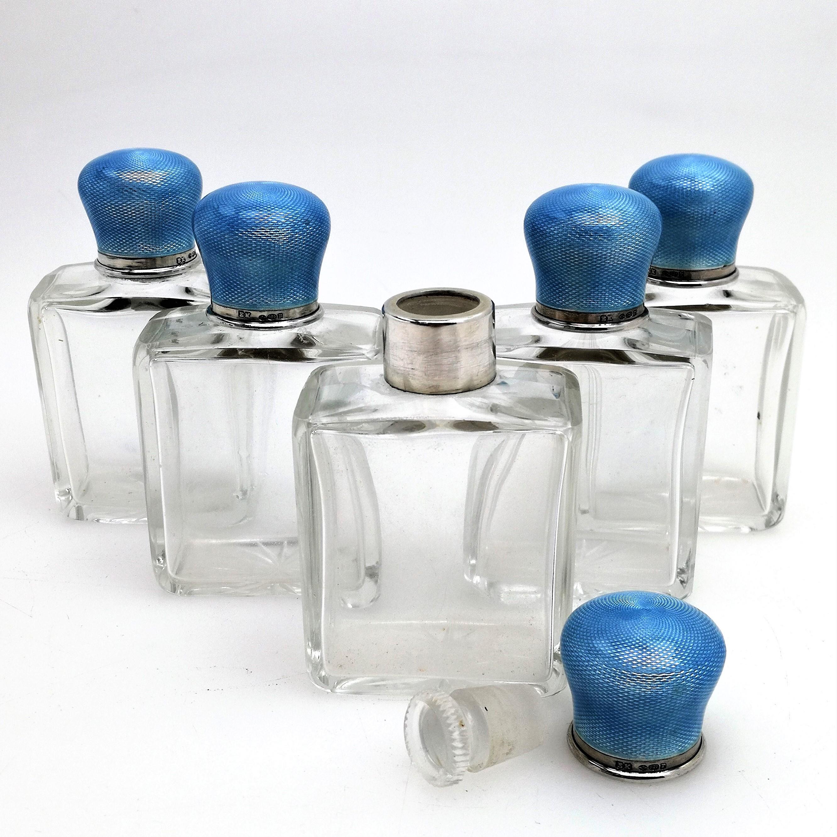 Set of 5 Silver and Enamel Topped Glass Scent Bottles 1912 Perfume / Cosmetics For Sale 1