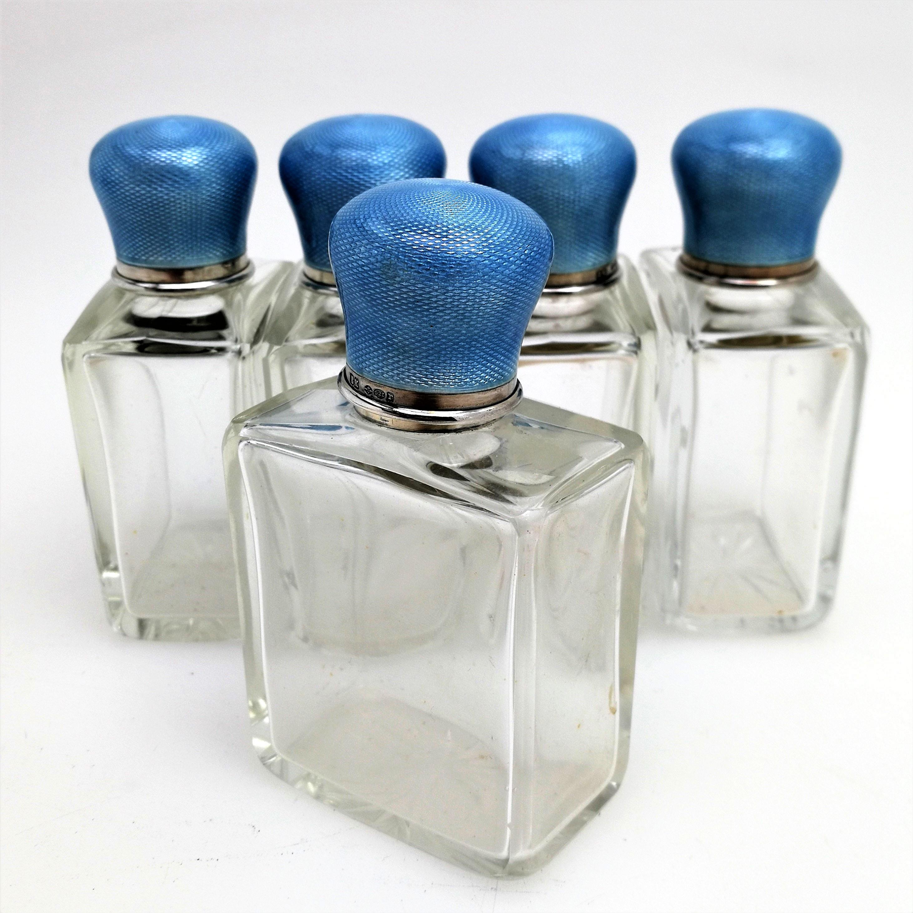 Set of 5 Silver and Enamel Topped Glass Scent Bottles 1912 Perfume / Cosmetics For Sale 2