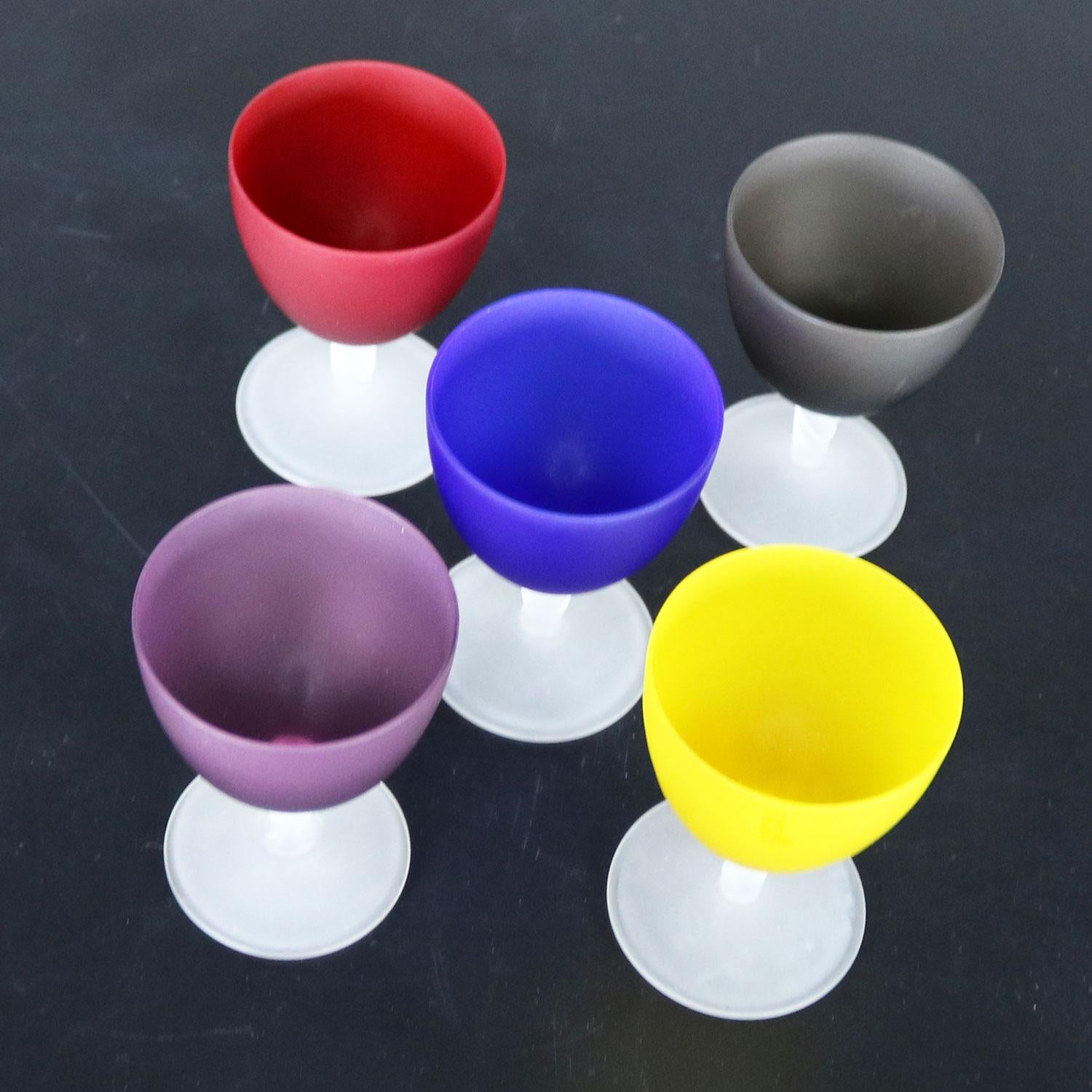 Set of 5 Small Multicolored Frosted Glass Wine Coupes or Cordial Glasses 2