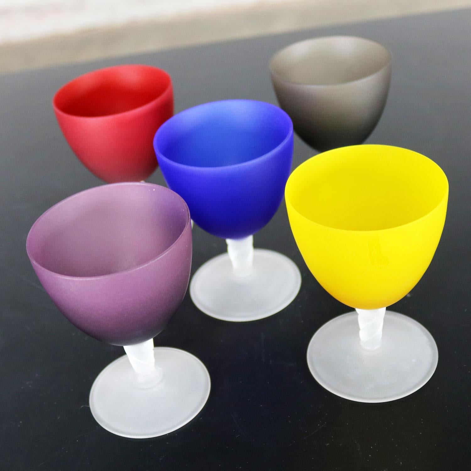 Set of 5 Small Multicolored Frosted Glass Wine Coupes or Cordial Glasses 3