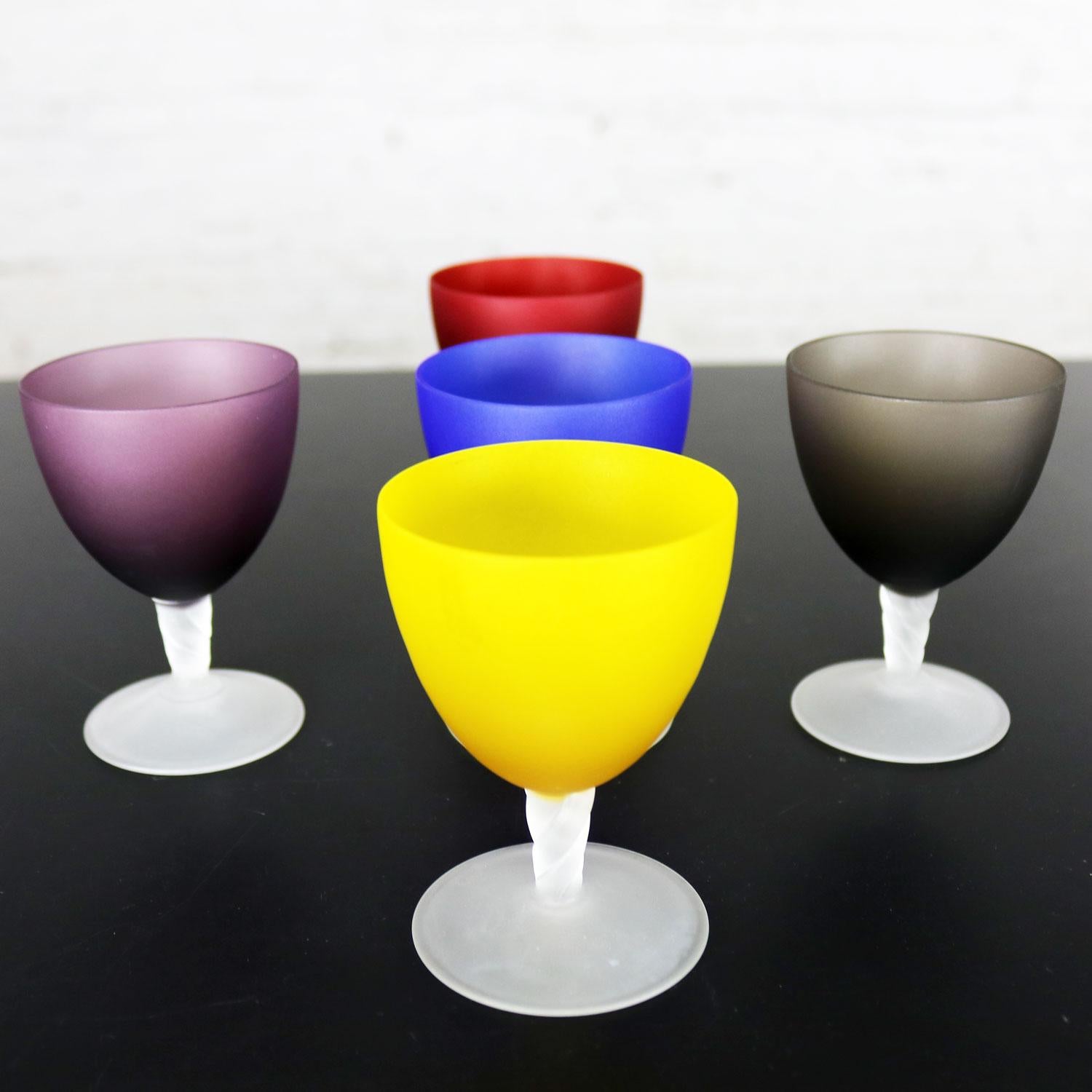 Set of 5 Small Multicolored Frosted Glass Wine Coupes or Cordial Glasses 5