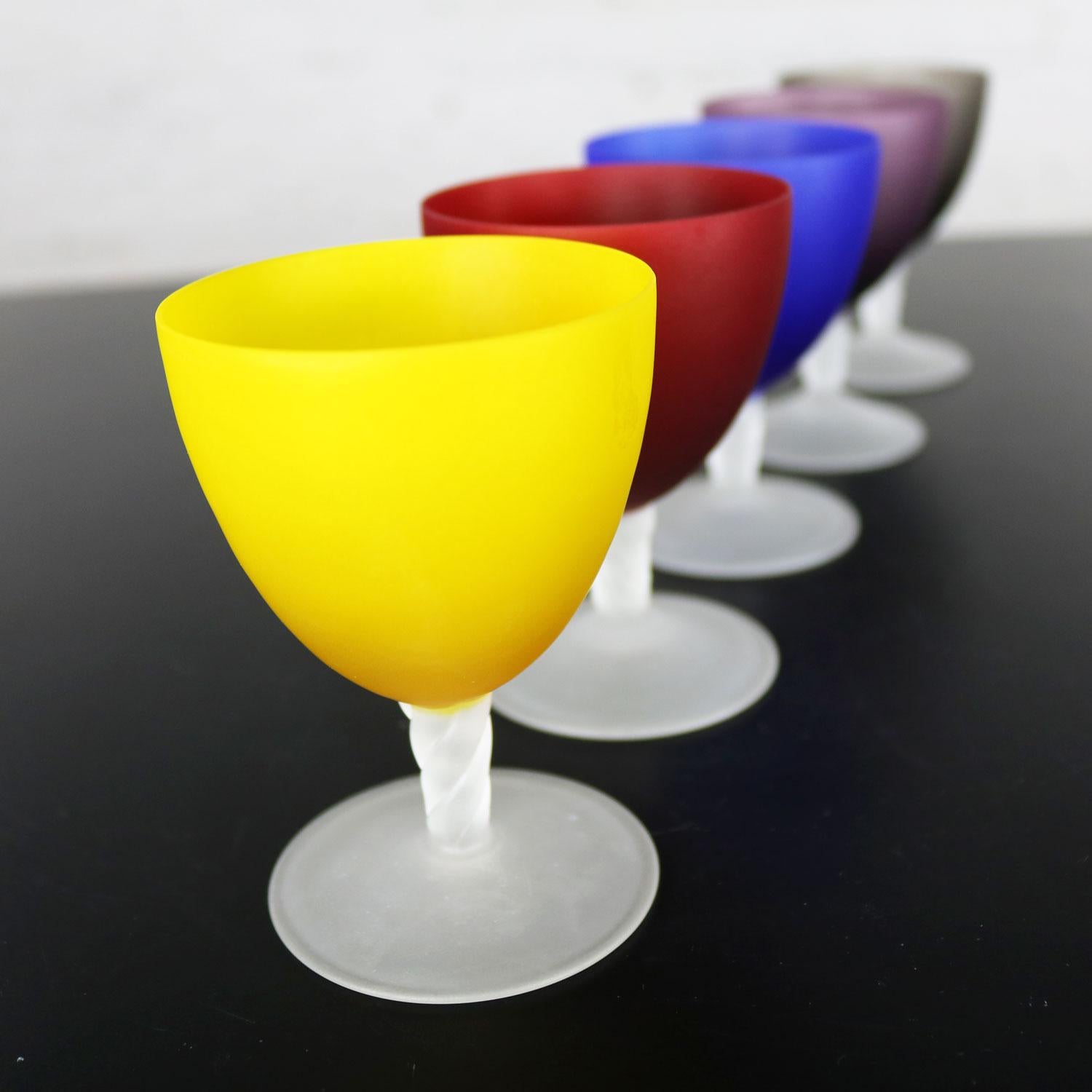 Set of 5 Small Multicolored Frosted Glass Wine Coupes or Cordial Glasses 8