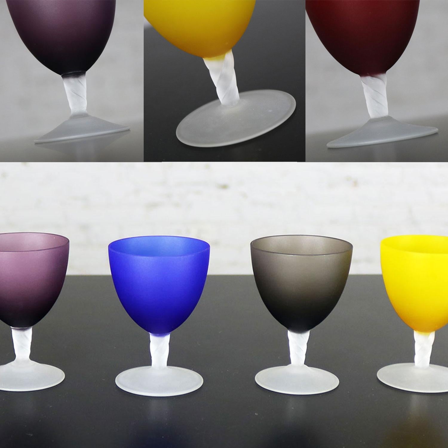 Set of 5 Small Multicolored Frosted Glass Wine Coupes or Cordial Glasses 11