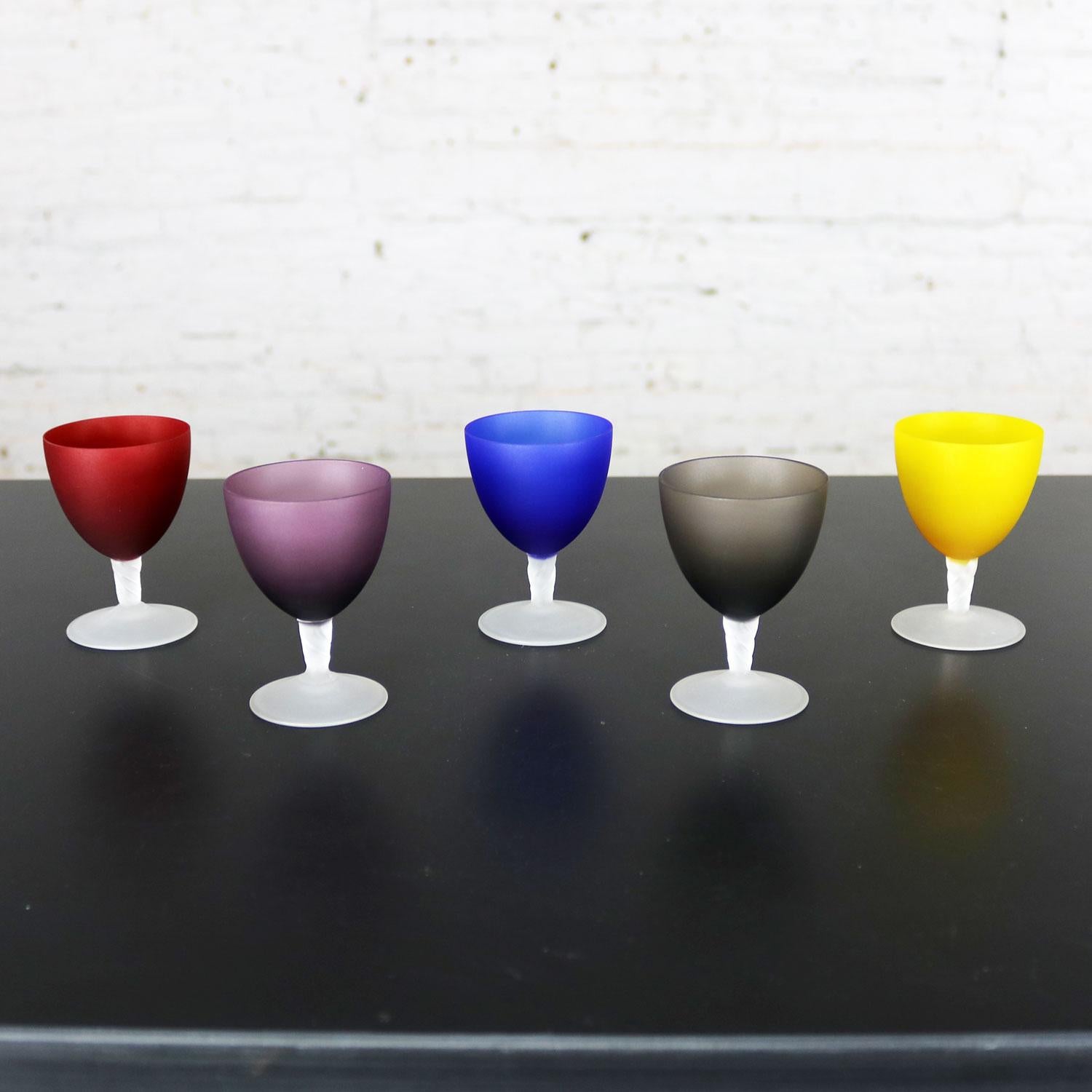 Cool set of 5 multicolored and frosted glass wine coupes or stemmed cordial glasses. Small in size but not in style and in 5 different colors. They are all in wonderful vintage condition with no chips, cracks, or chiggers. Please see photos. Circa
