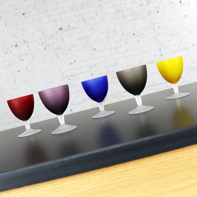 Set of 5 Small Multicolored Frosted Glass Wine Coupes or Cordial