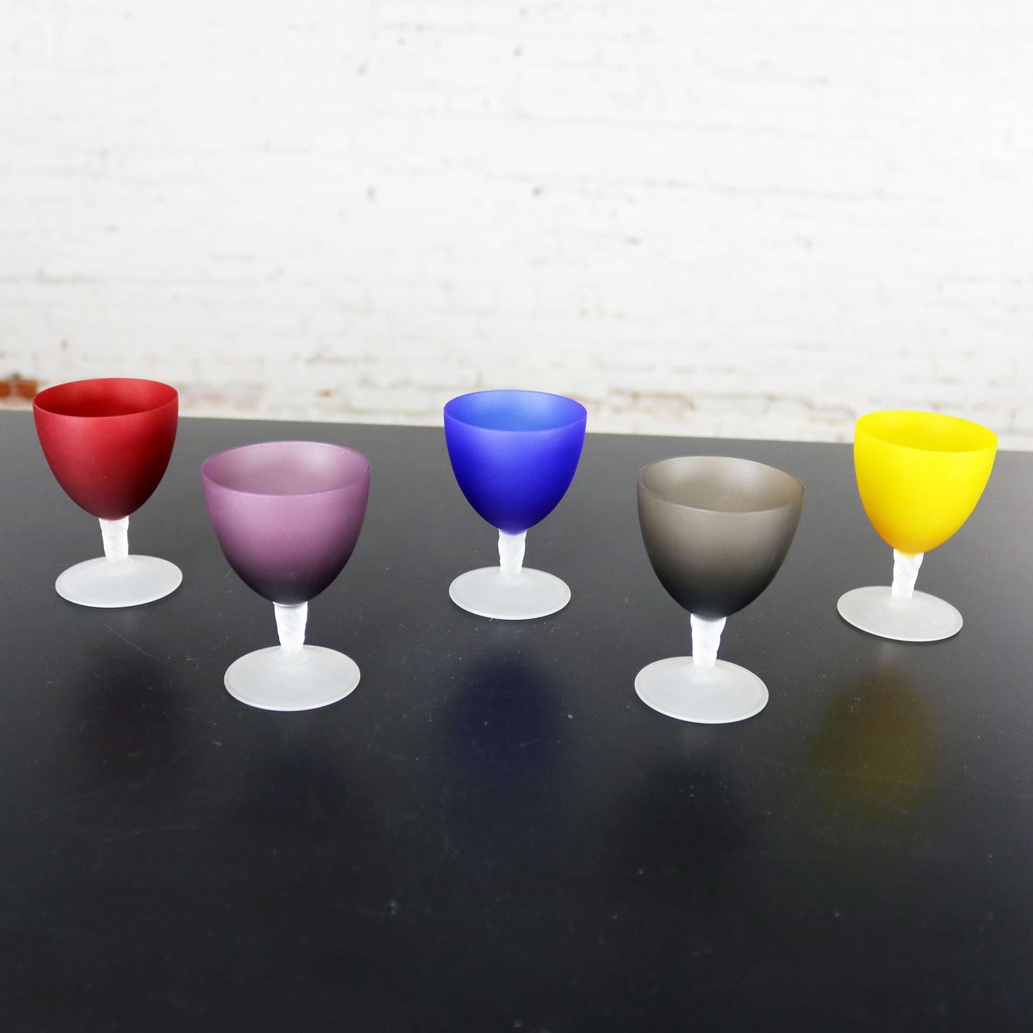 Modern Set of 5 Small Multicolored Frosted Glass Wine Coupes or Cordial Glasses