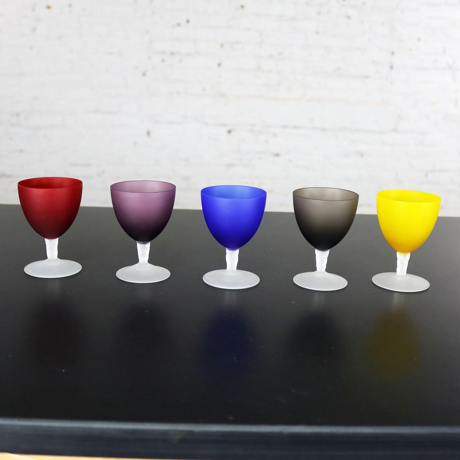 Set of 5 Small Multicolored Frosted Glass Wine Coupes or Cordial Glasses In Good Condition In Topeka, KS