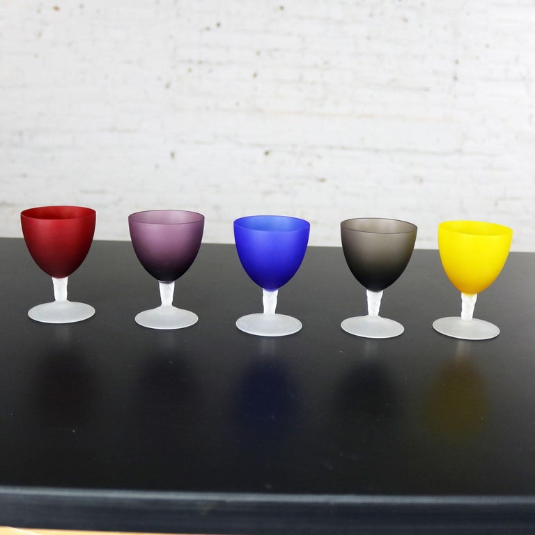 Set of 5 Small Multicolored Frosted Glass Wine Coupes or Cordial