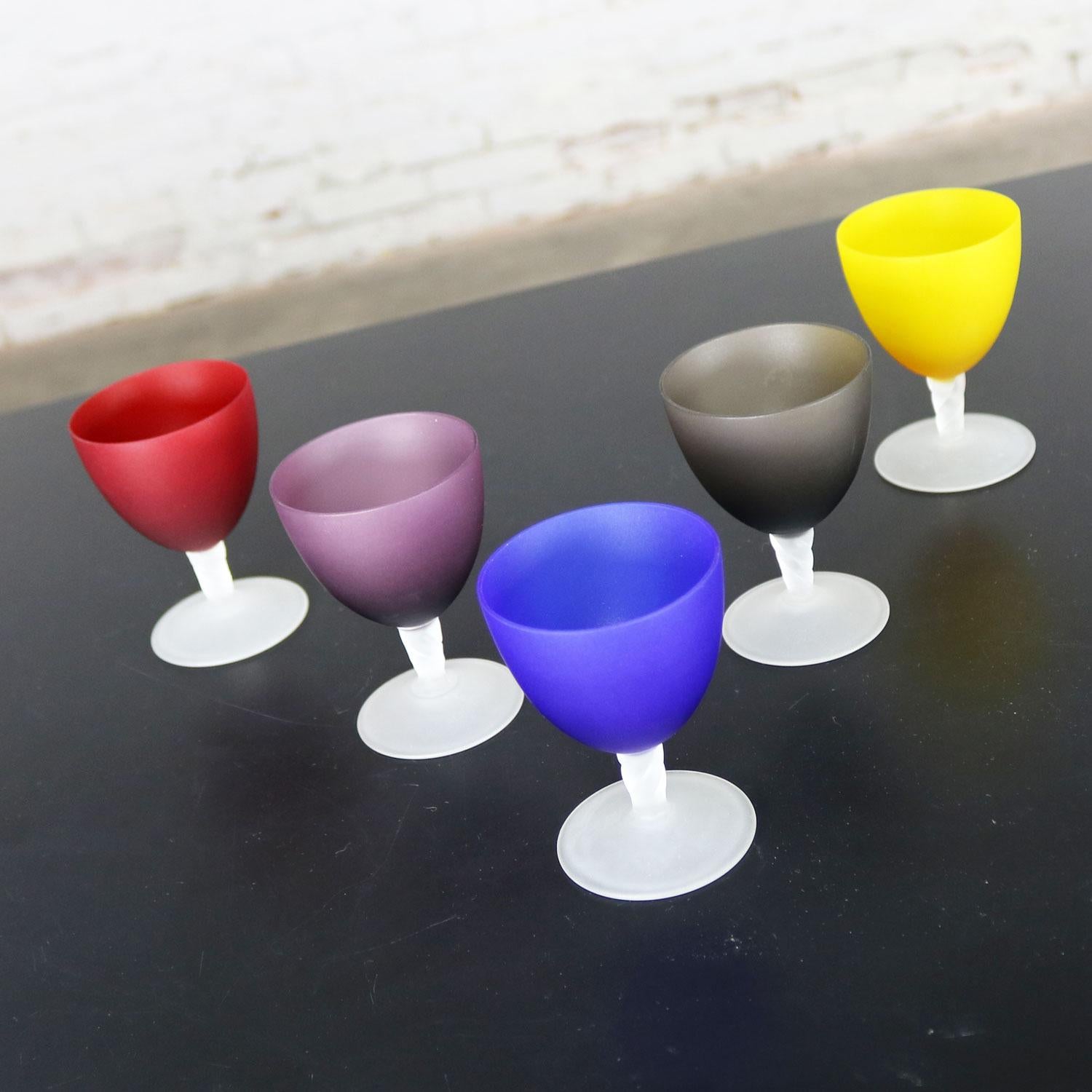 20th Century Set of 5 Small Multicolored Frosted Glass Wine Coupes or Cordial Glasses