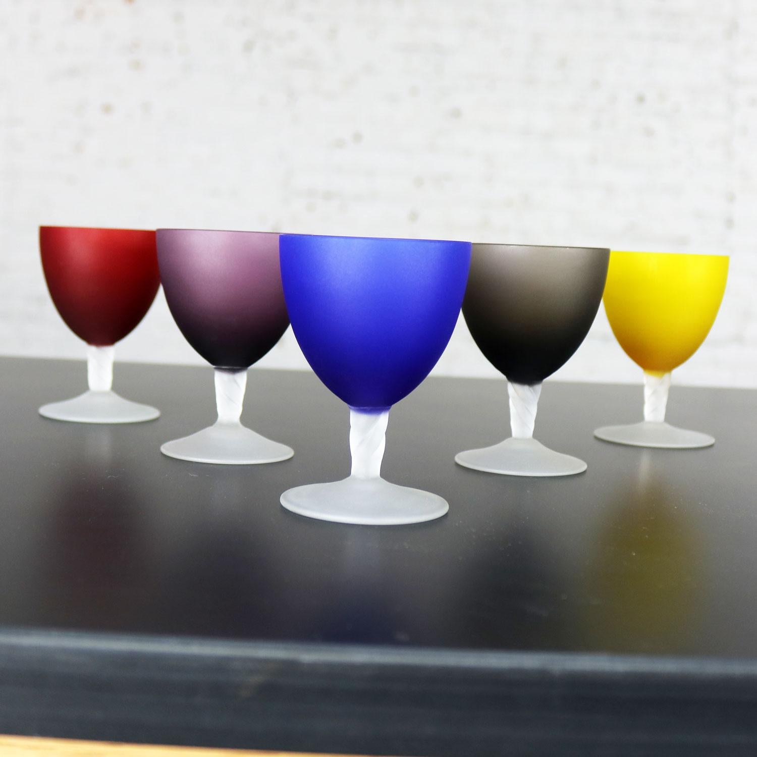 Set of 5 Small Multicolored Frosted Glass Wine Coupes or Cordial Glasses 1