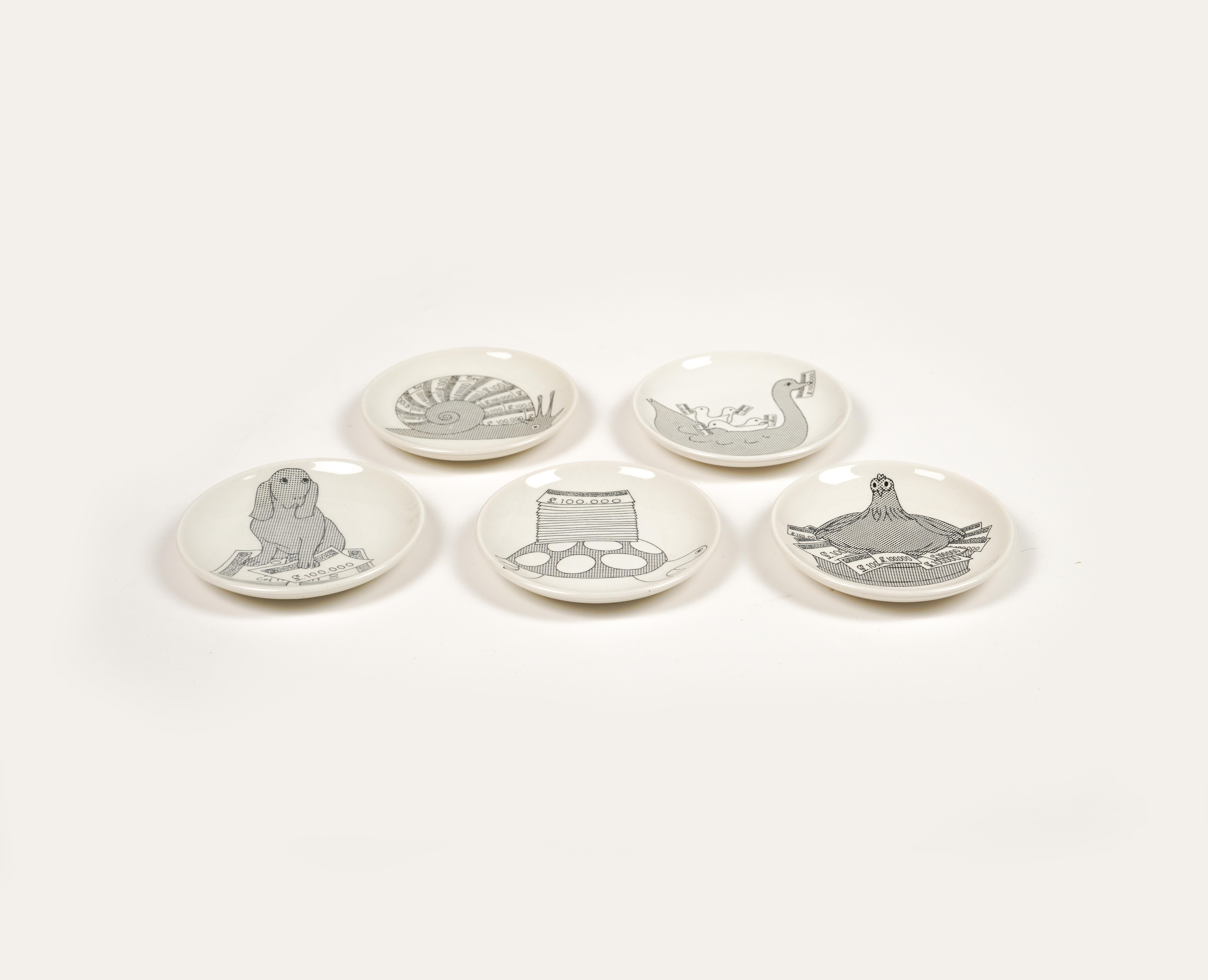 Italian Set of 5 Small Plate or Coasters in Porcelain by Piero Fornasetti, Italy 1950s For Sale