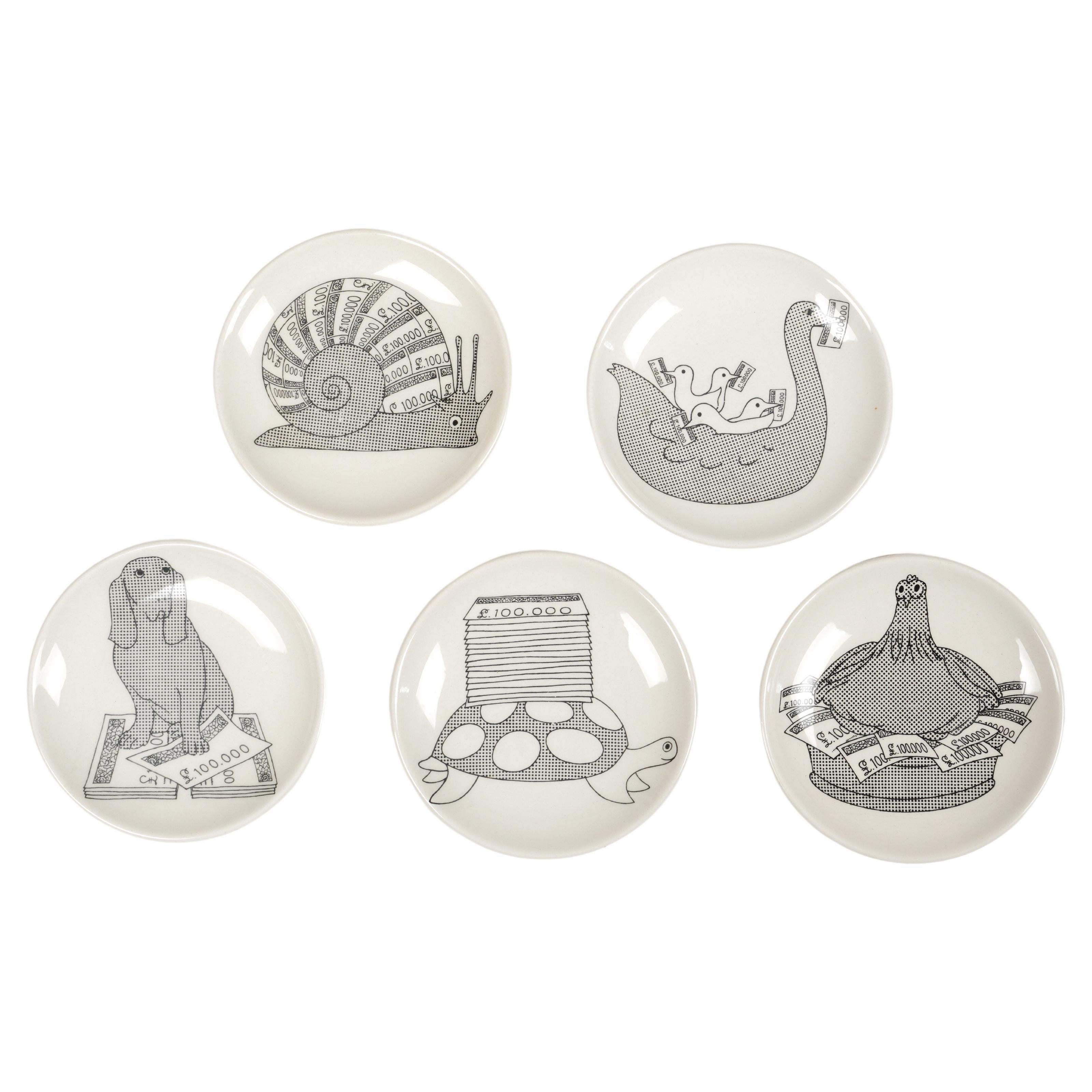 Set of 5 Small Plate or Coasters in Porcelain by Piero Fornasetti, Italy 1950s For Sale