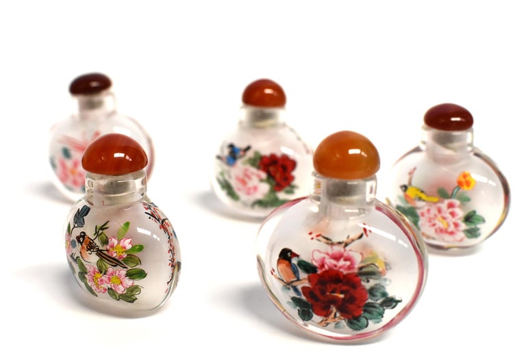 Set of 5 Snuff Bottles Reverse Painted Birds For Sale 6