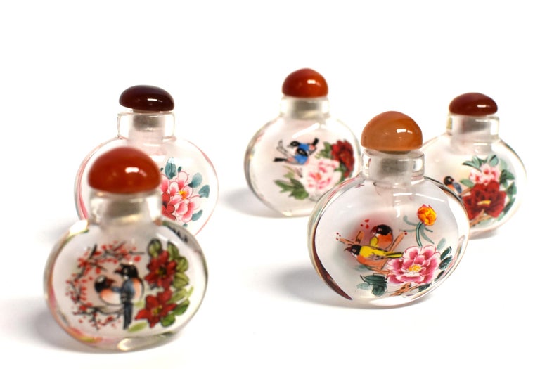Set of 5 Snuff Bottles Reverse Painted Birds For Sale 7