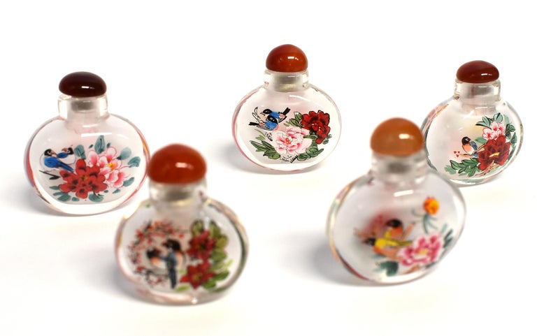 Set of 5 Snuff Bottles Reverse Painted Birds For Sale 8