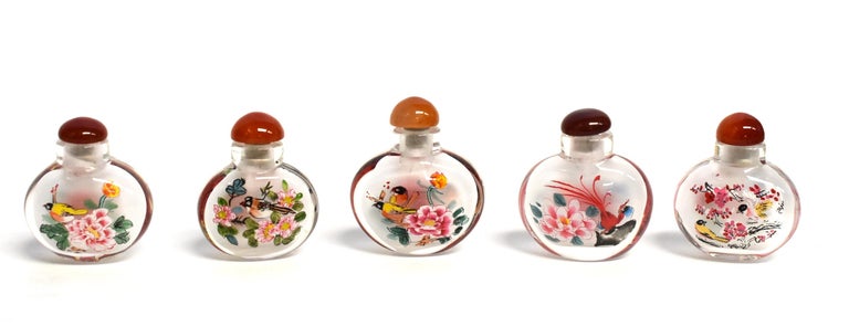 Chinese Set of 5 Snuff Bottles Reverse Painted Birds For Sale