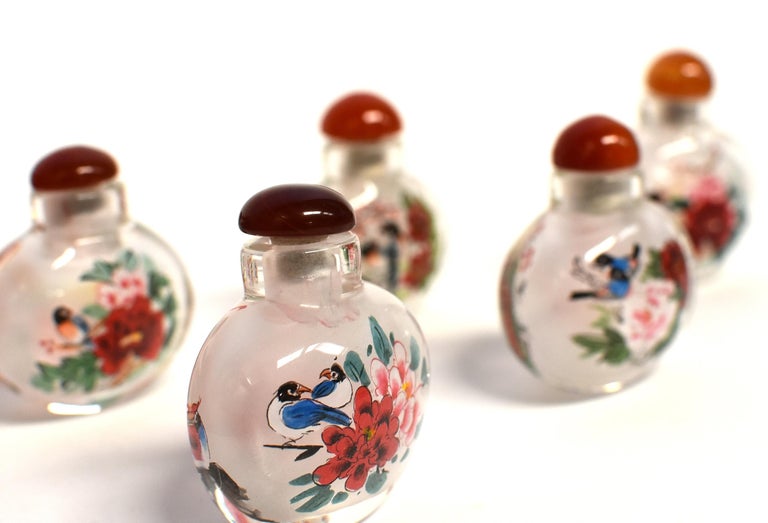 Contemporary Set of 5 Snuff Bottles Reverse Painted Birds For Sale