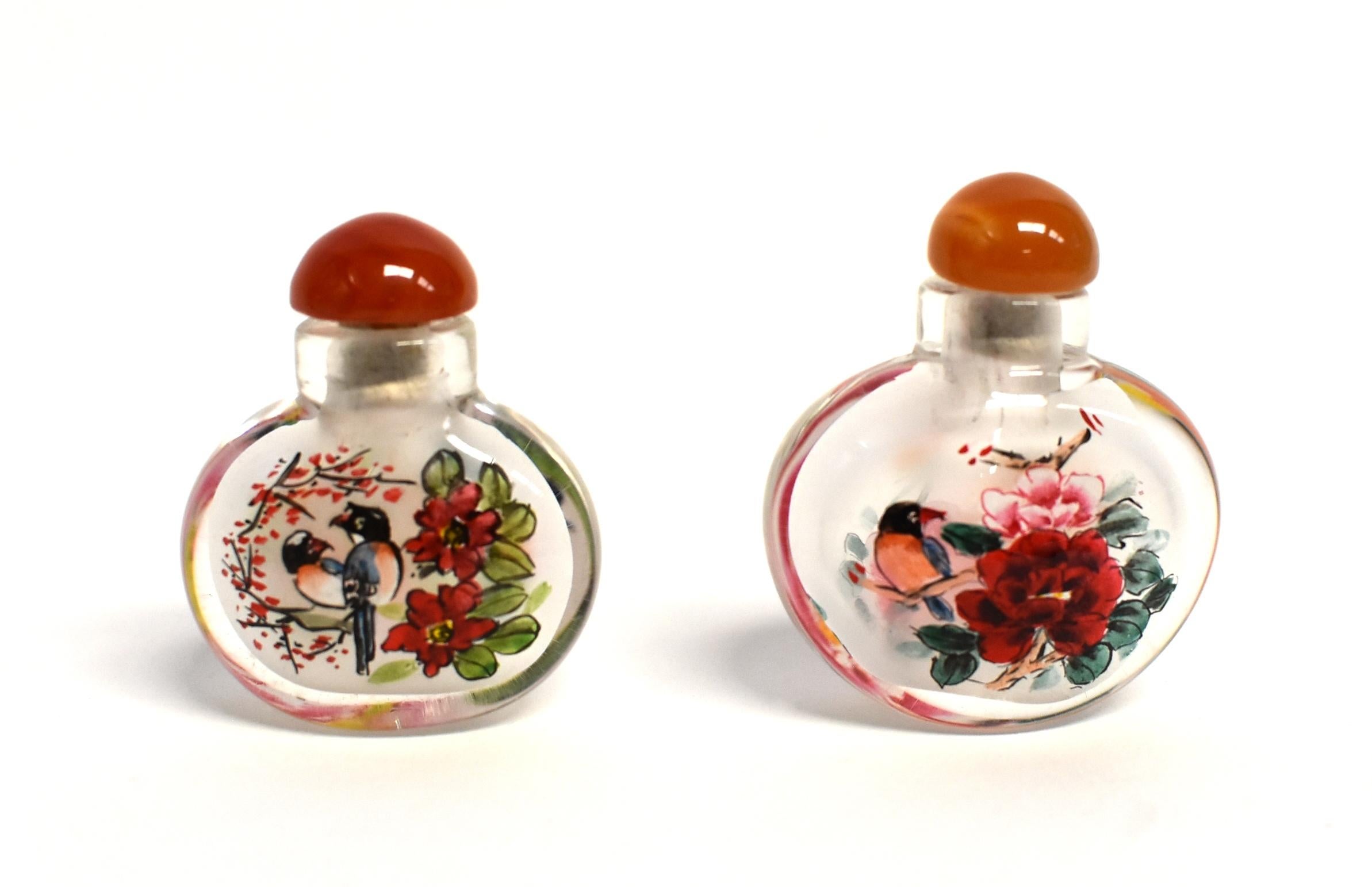 Agate Set of 5 Snuff Bottles Reverse Painted Birds For Sale