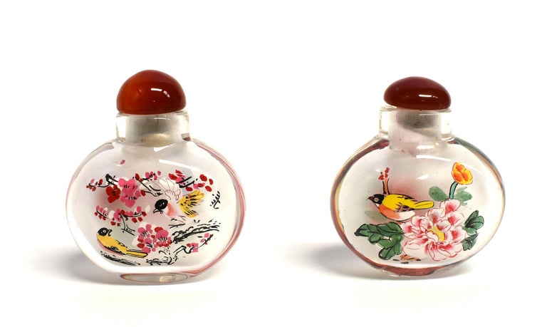 Set of 5 Snuff Bottles Reverse Painted Birds For Sale 3