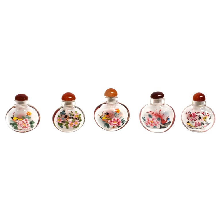 Set of 5 Snuff Bottles Reverse Painted Birds For Sale