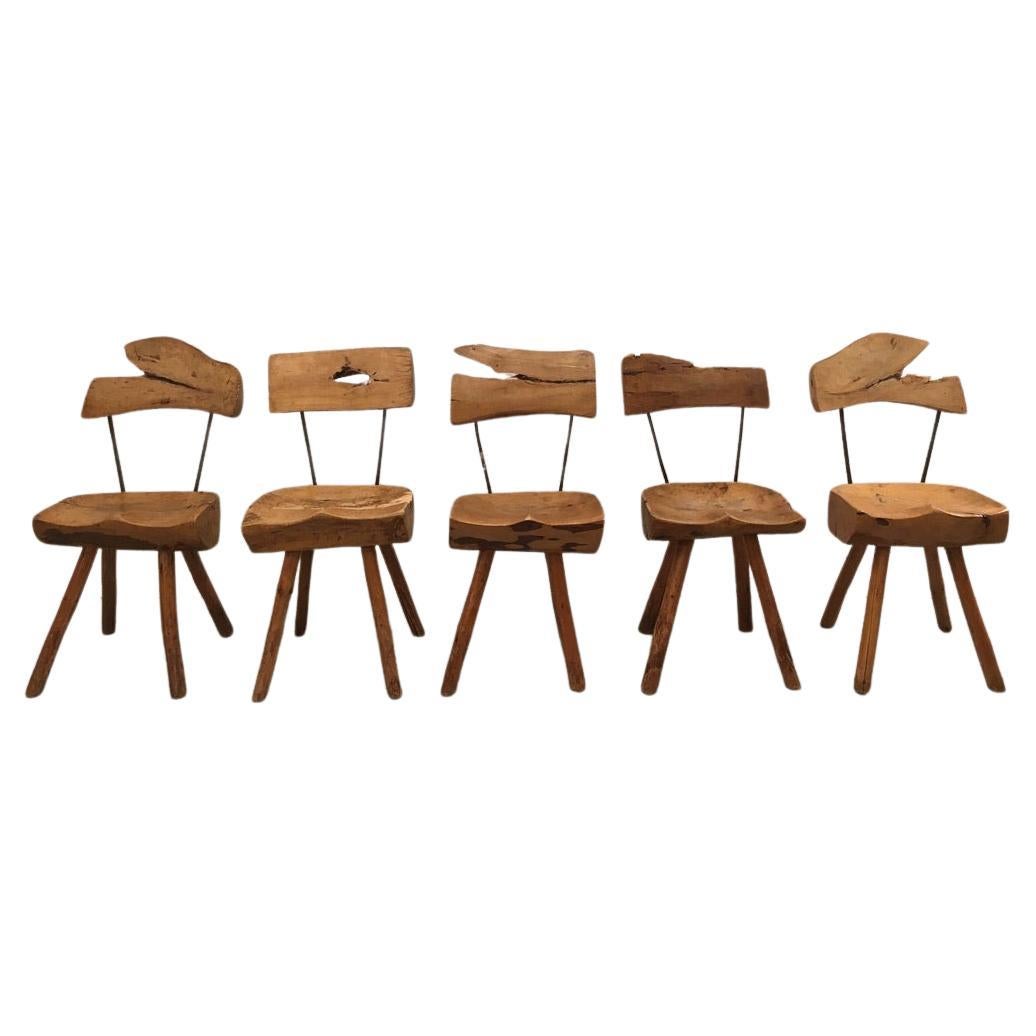 Set of 5 Solid Carved Olive Wood Brutalist Rustic Dining Chairs, circa 1950s