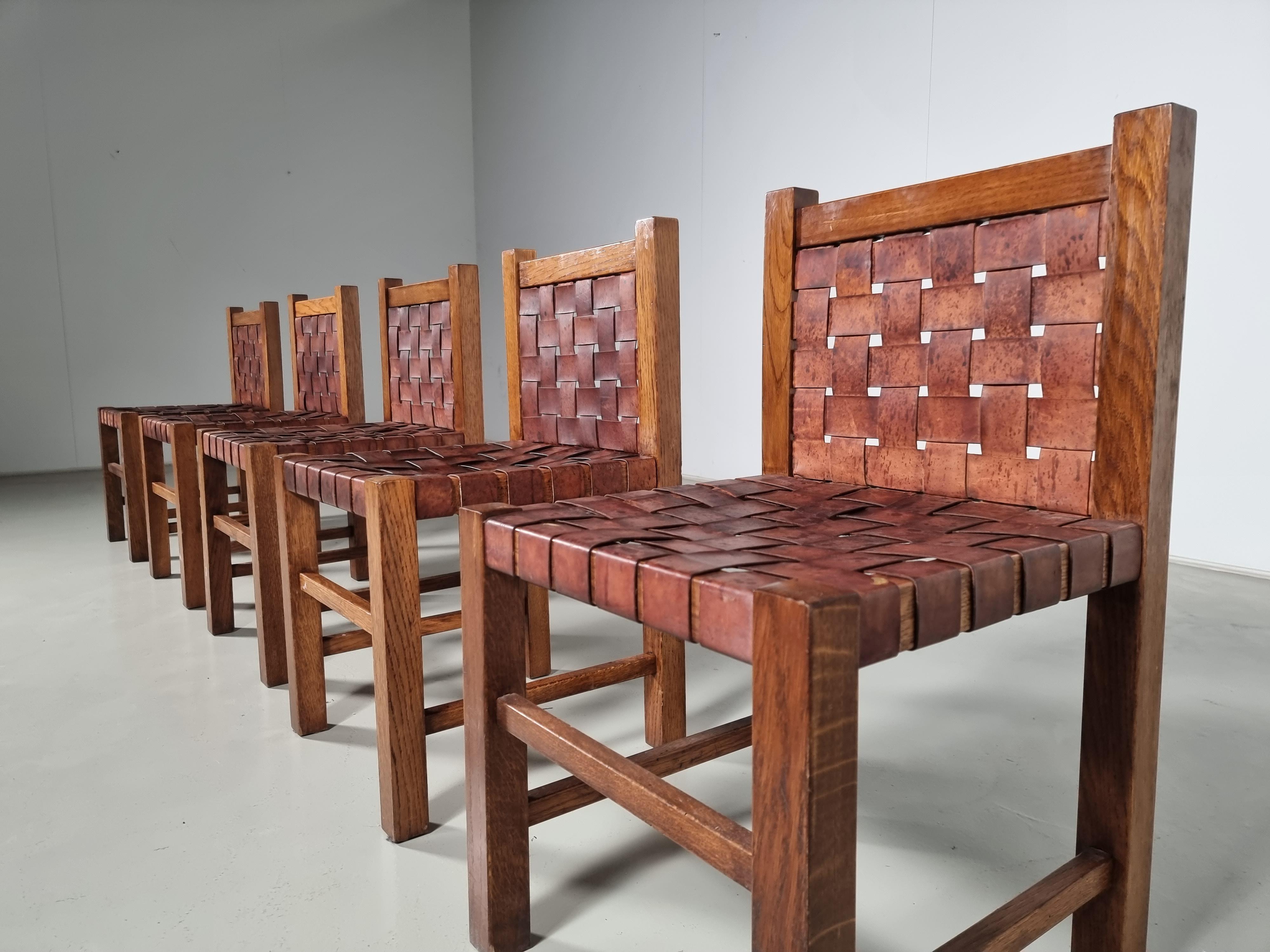 Mid-Century Modern Set of 5 Solid Oak Brutalist Dining Chairs, Belgium, 1970s