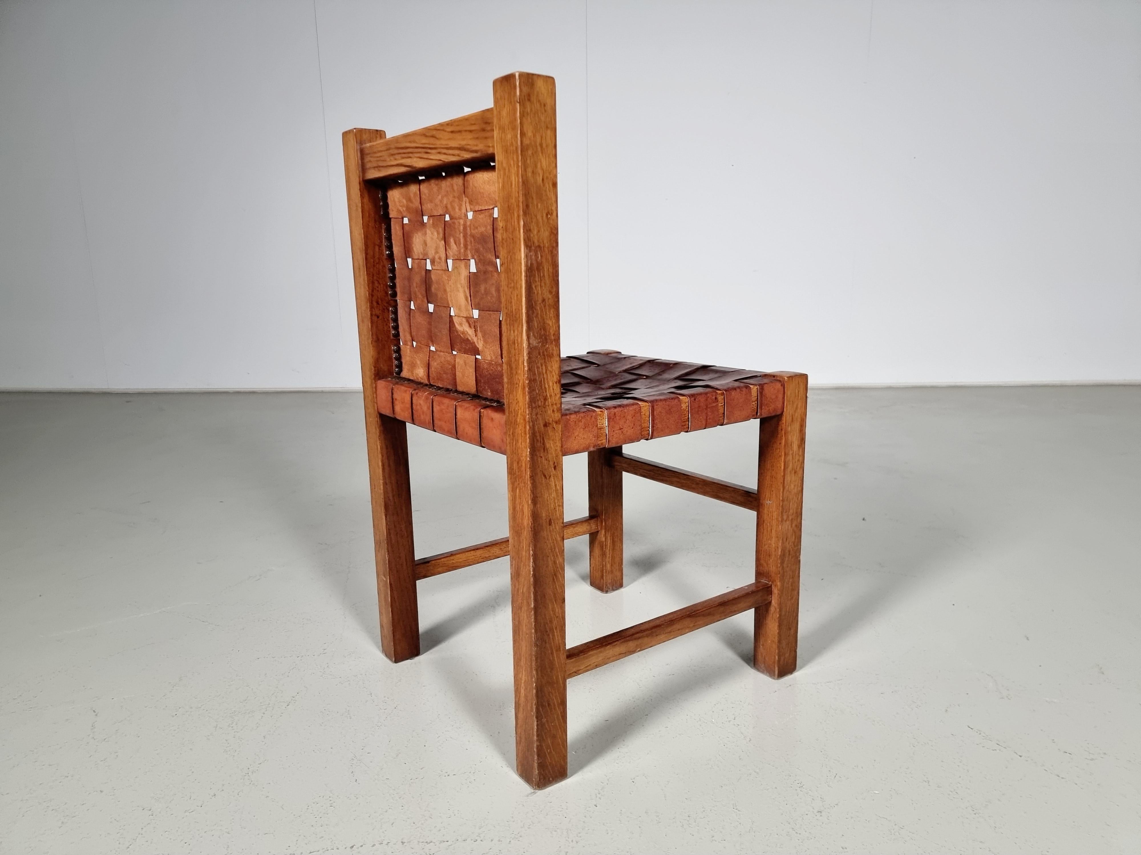 Set of 5 Solid Oak Brutalist Dining Chairs, Belgium, 1970s 3
