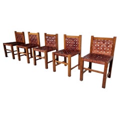 Set of 5 Solid Oak Brutalist Dining Chairs, Belgium, 1970s