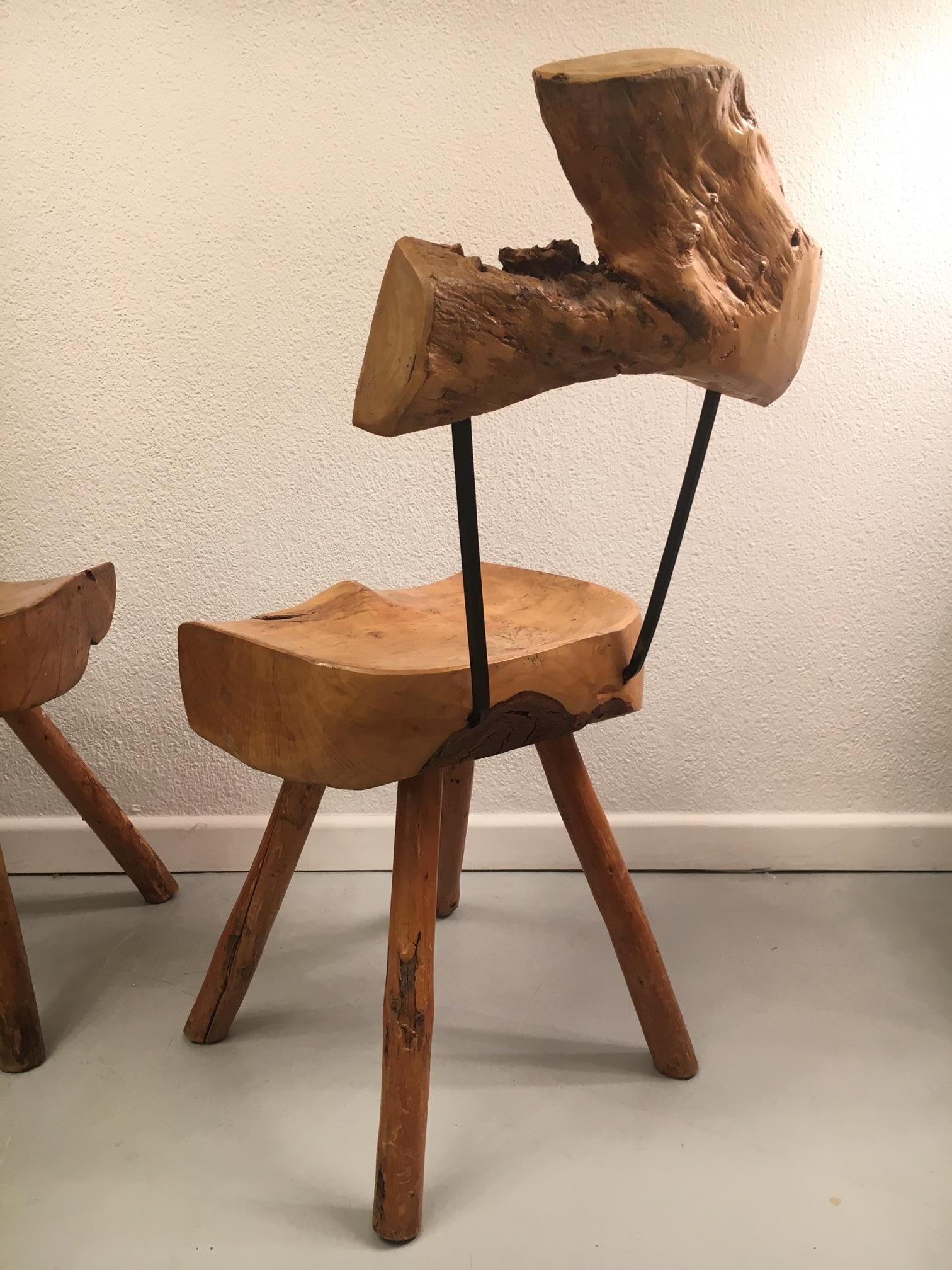 Set of 5 Solid Olive Wood Brutalist Rustic Dining Chairs, circa 1950s 5