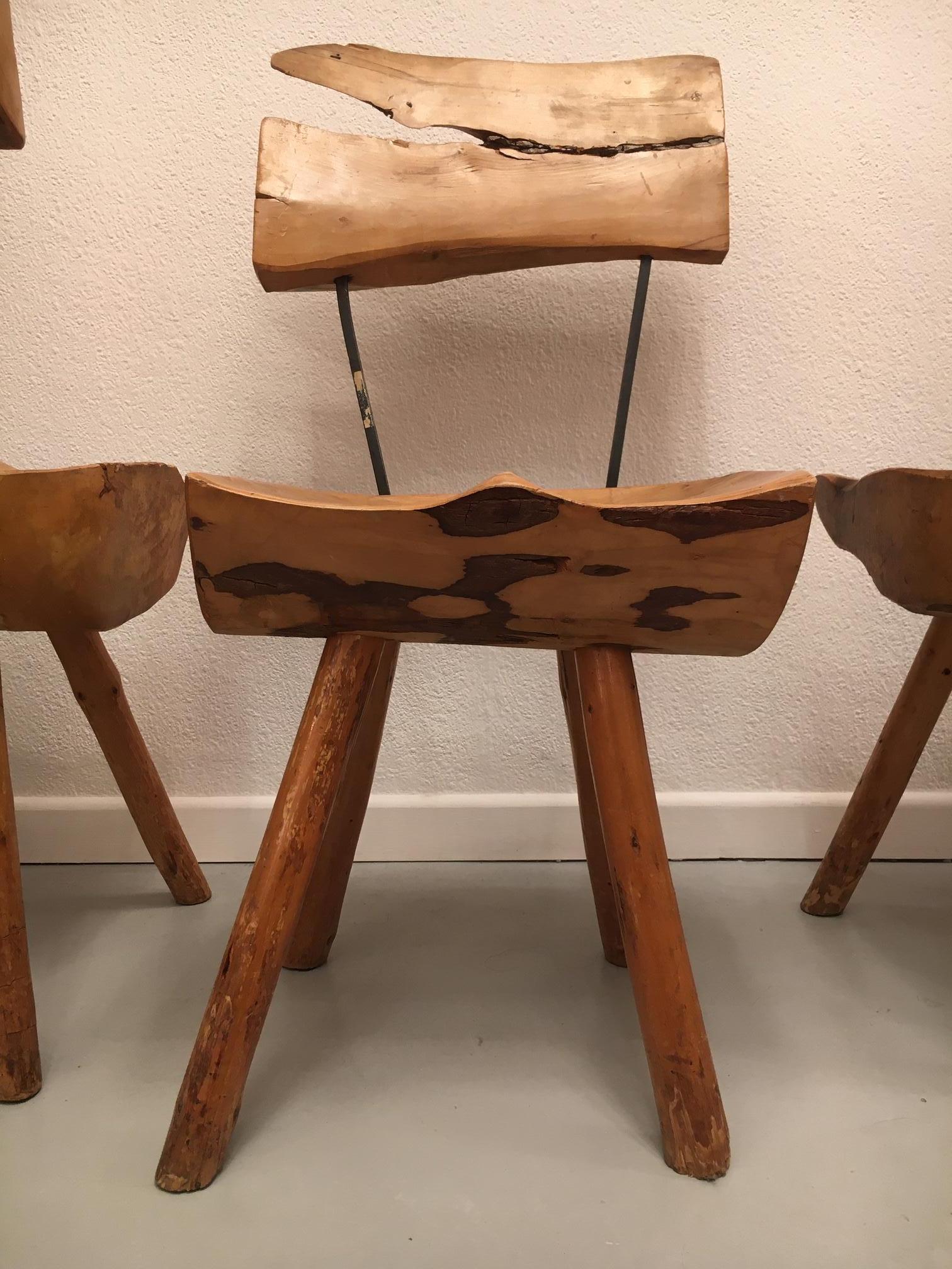Set of 5 Solid Olive Wood Brutalist Rustic Dining Chairs, circa 1950s 7
