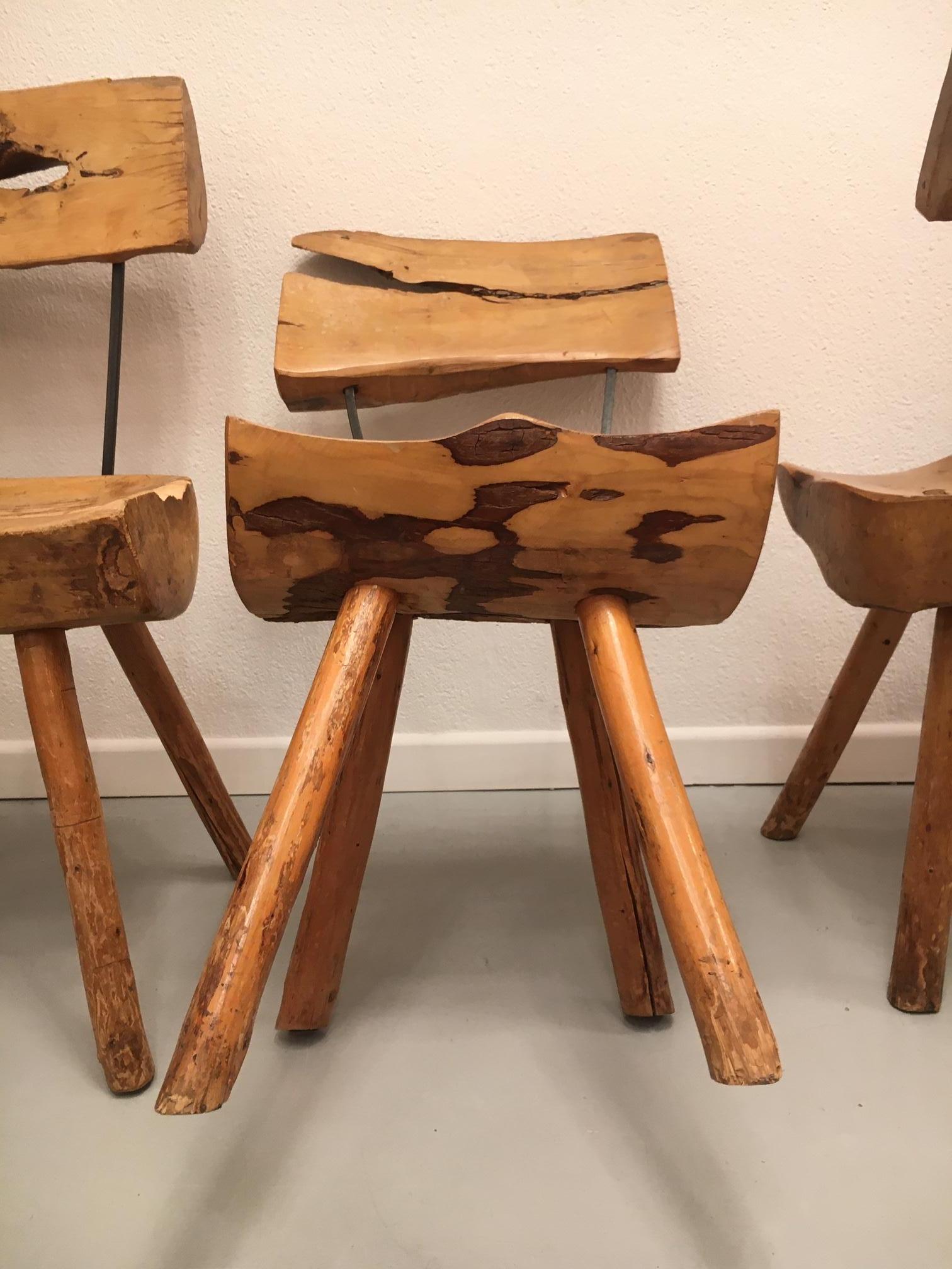 Set of 5 Solid Olive Wood Brutalist Rustic Dining Chairs, circa 1950s 8