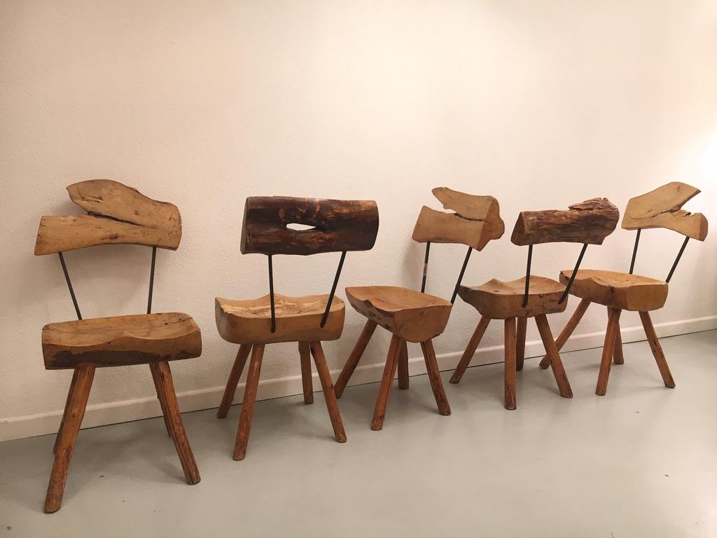 Set of 5 Solid Olive Wood Brutalist Rustic Dining Chairs, circa 1950s For Sale 9