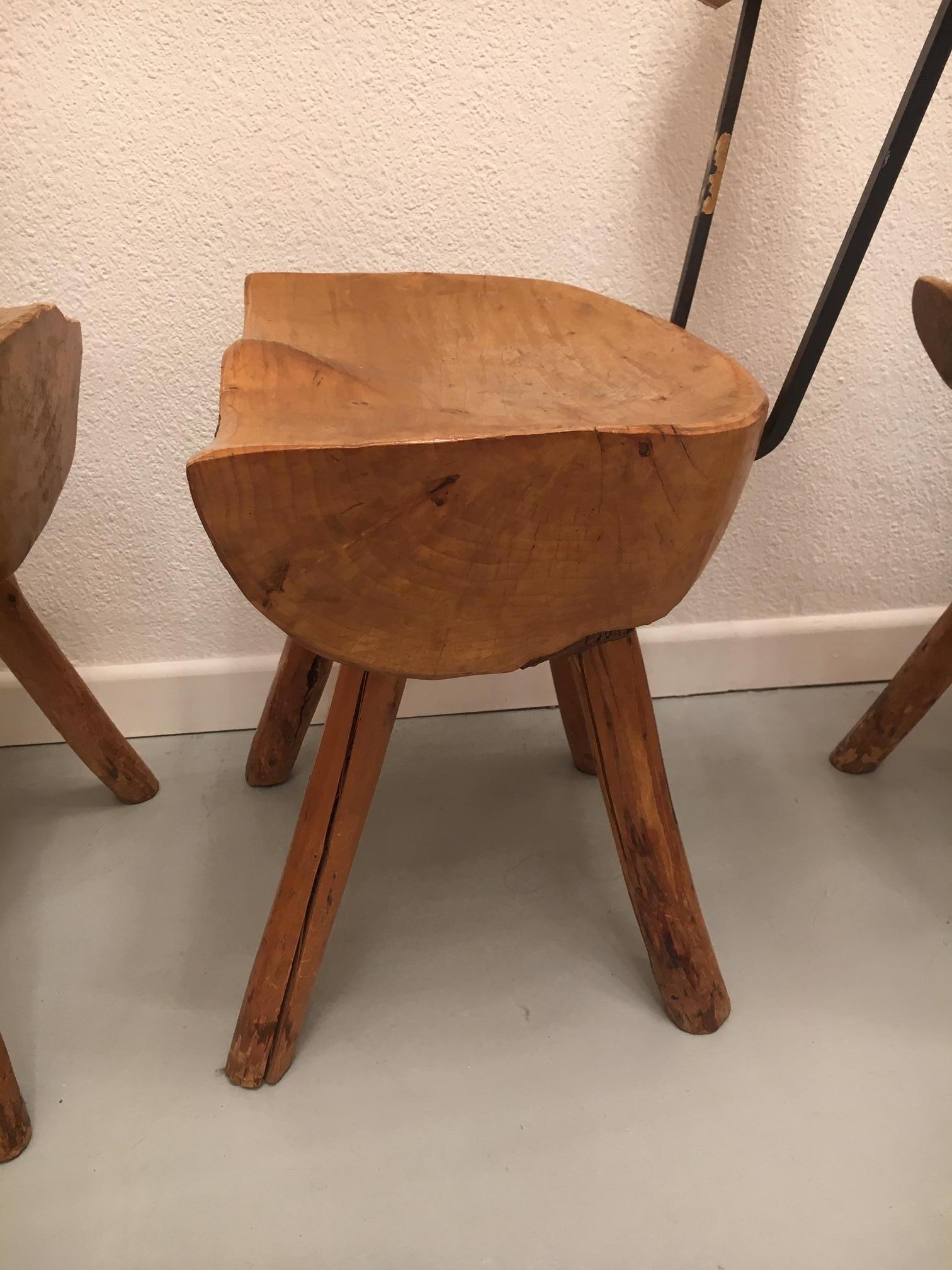 Set of 5 Solid Olive Wood Brutalist Rustic Dining Chairs, circa 1950s 12