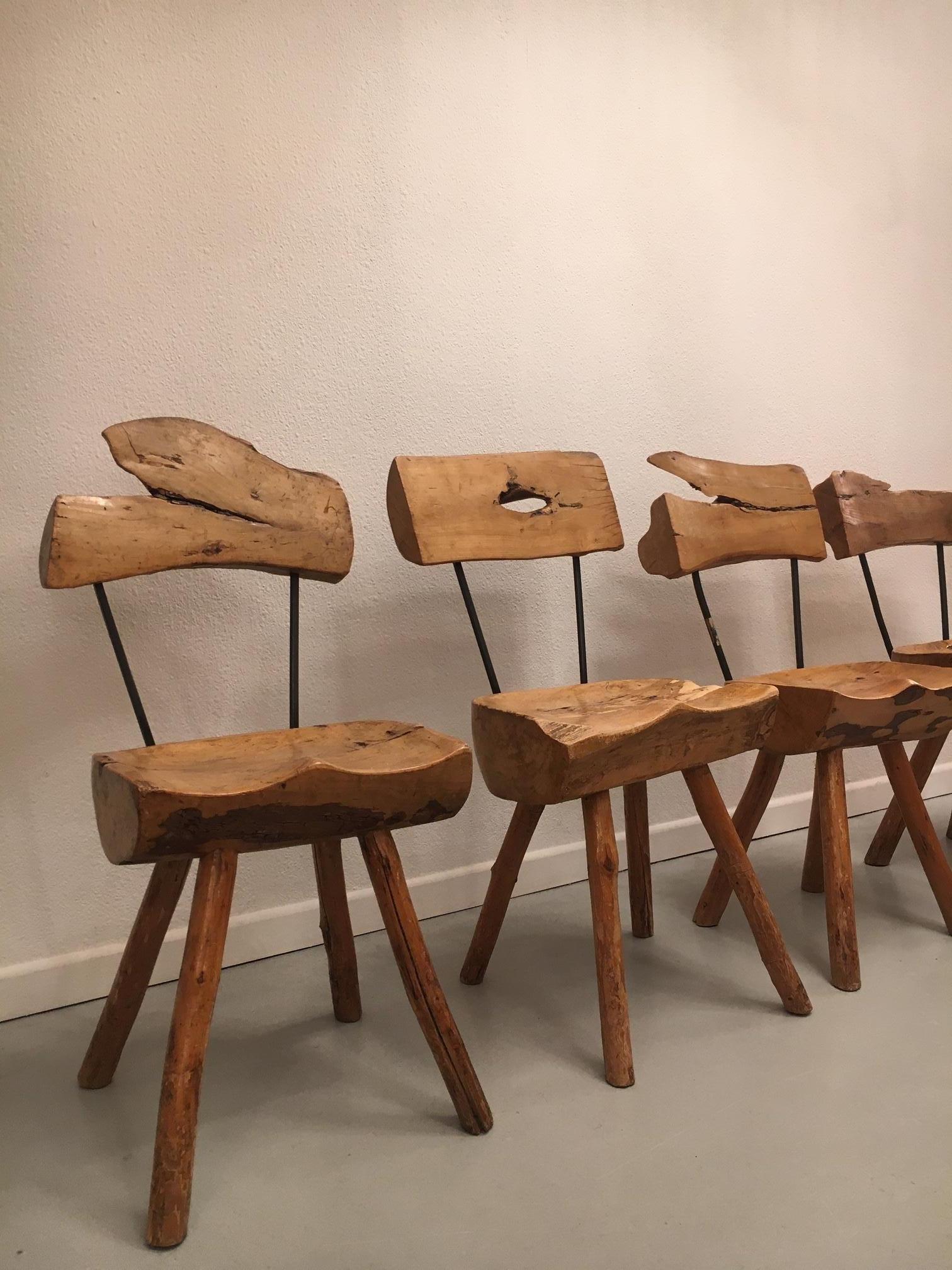 French Set of 5 Solid Olive Wood Brutalist Rustic Dining Chairs, circa 1950s For Sale