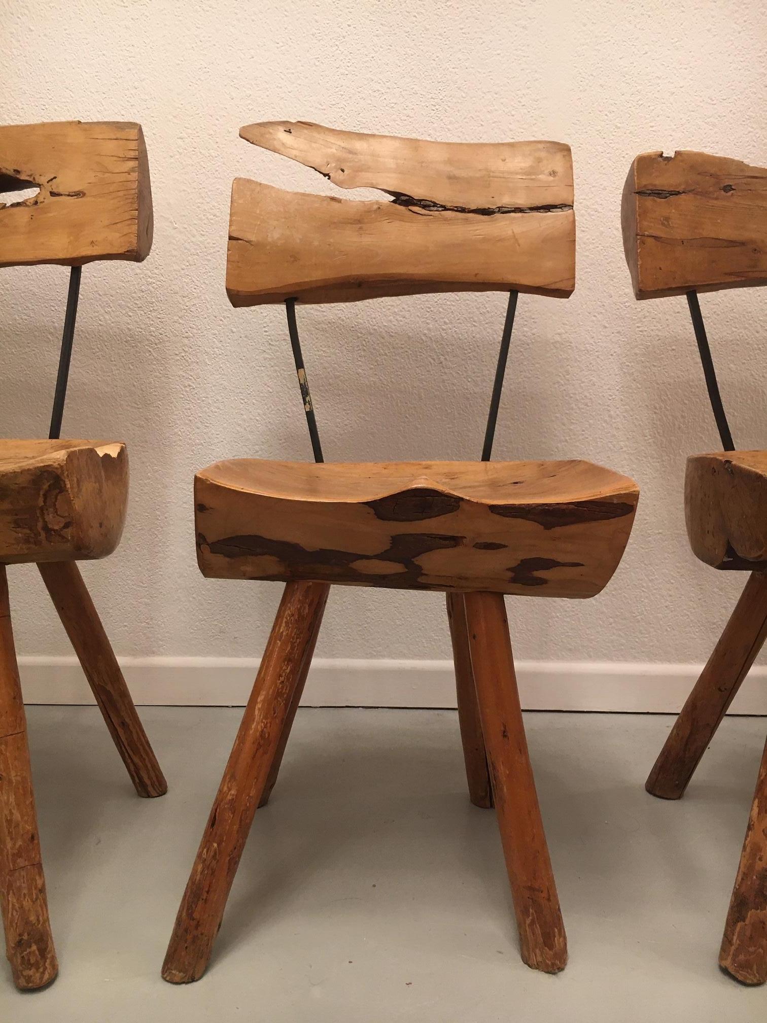 Mid-20th Century Set of 5 Solid Olive Wood Brutalist Rustic Dining Chairs, circa 1950s