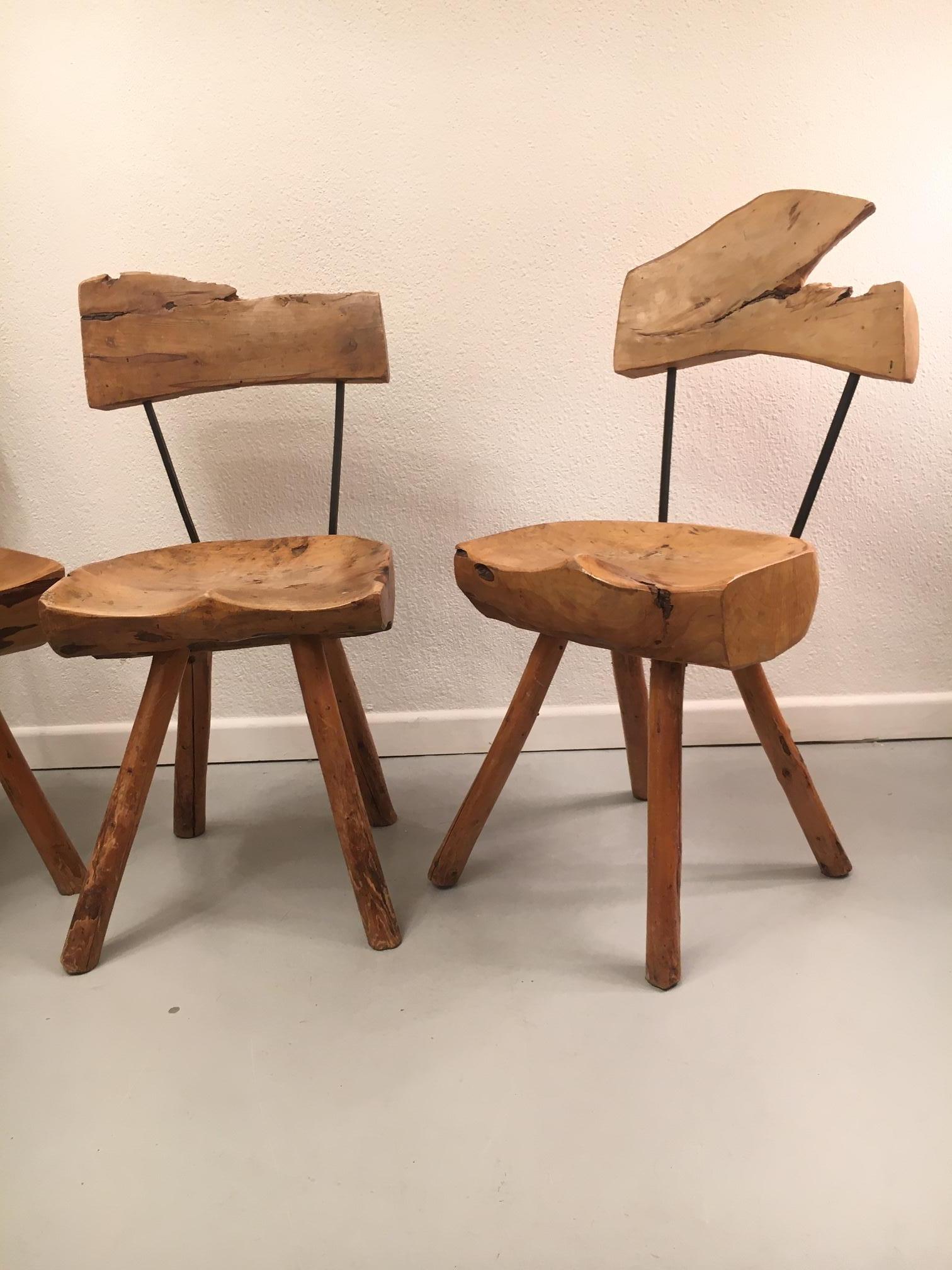 Set of 5 Solid Olive Wood Brutalist Rustic Dining Chairs, circa 1950s 1