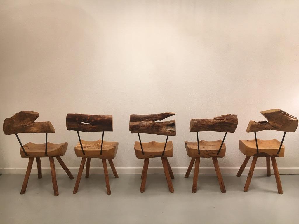 Set of 5 Solid Olive Wood Brutalist Rustic Dining Chairs, circa 1950s 2