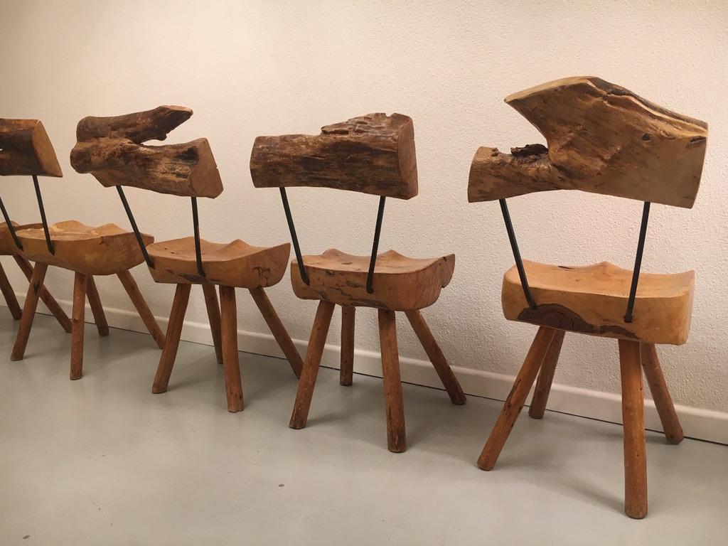 Set of 5 Solid Olive Wood Brutalist Rustic Dining Chairs, circa 1950s For Sale 3