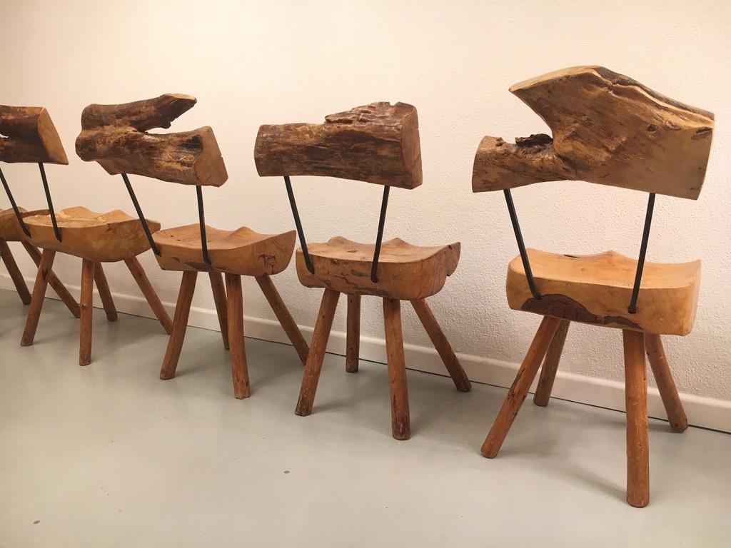 Set of 5 Solid Olive Wood Brutalist Rustic Dining Chairs, circa 1950s 4