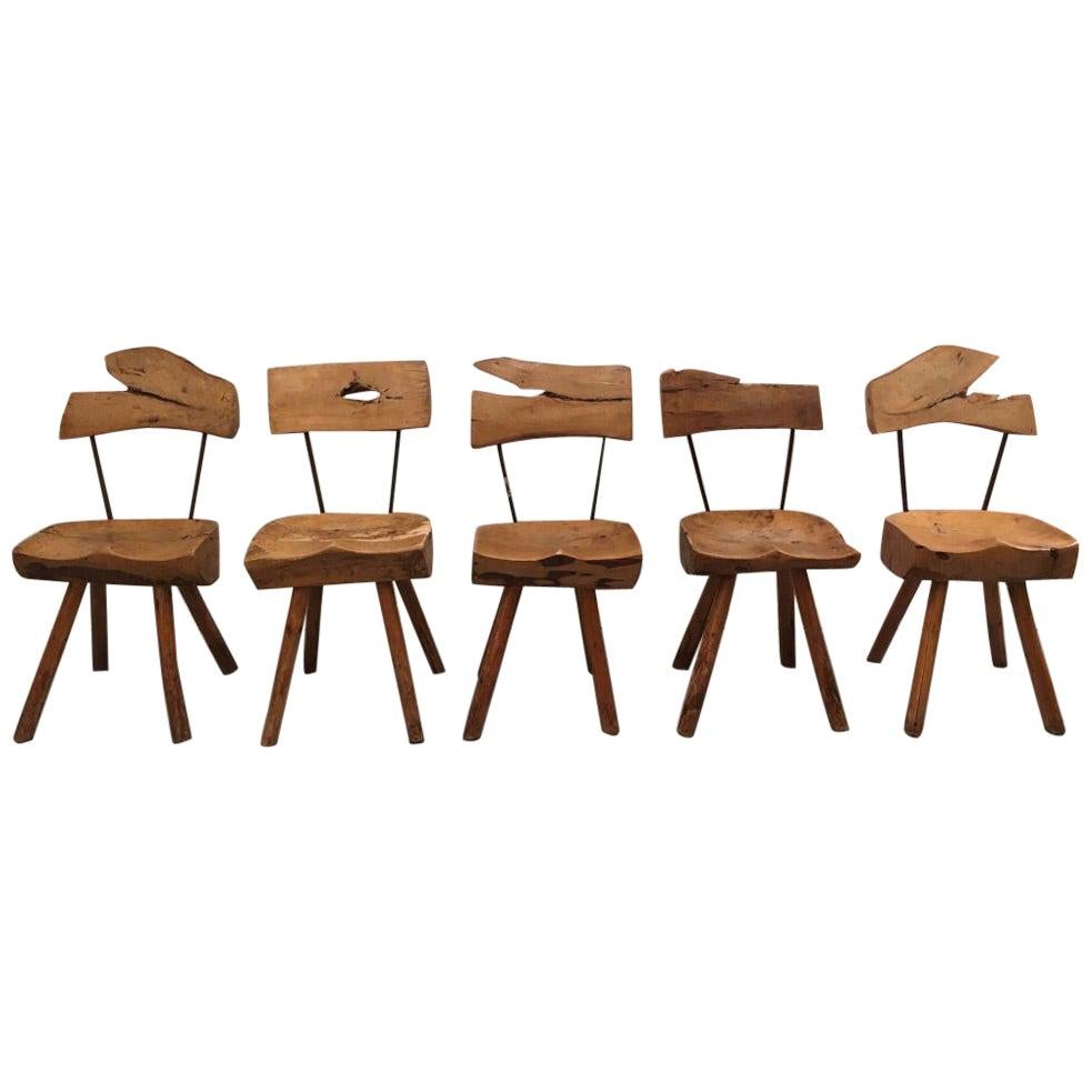 Set of 5 Solid Olive Wood Brutalist Rustic Dining Chairs, circa 1950s For Sale