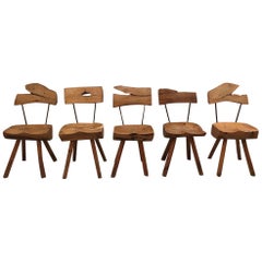 Vintage Set of 5 Solid Olive Wood Brutalist Rustic Dining Chairs, circa 1950s