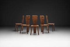 Set of 5 Solid Plank Back Dining Chairs with Carved Texture, Europe Mid-20th C.