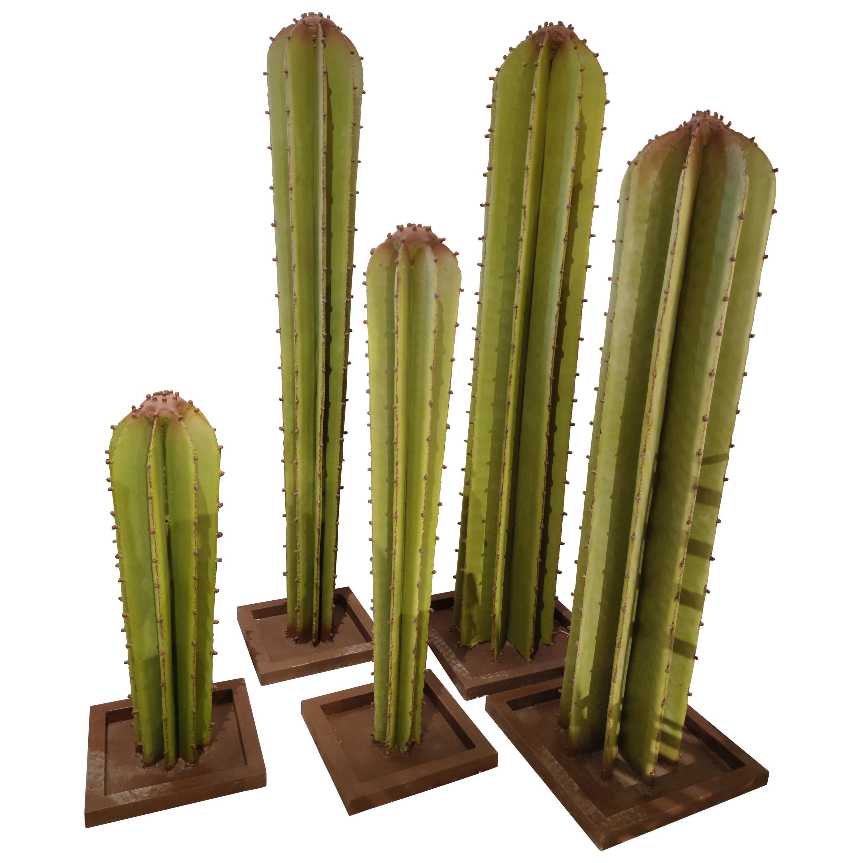 Set of 5 Spanish Hand Painted Cactus Iron Sculptures
