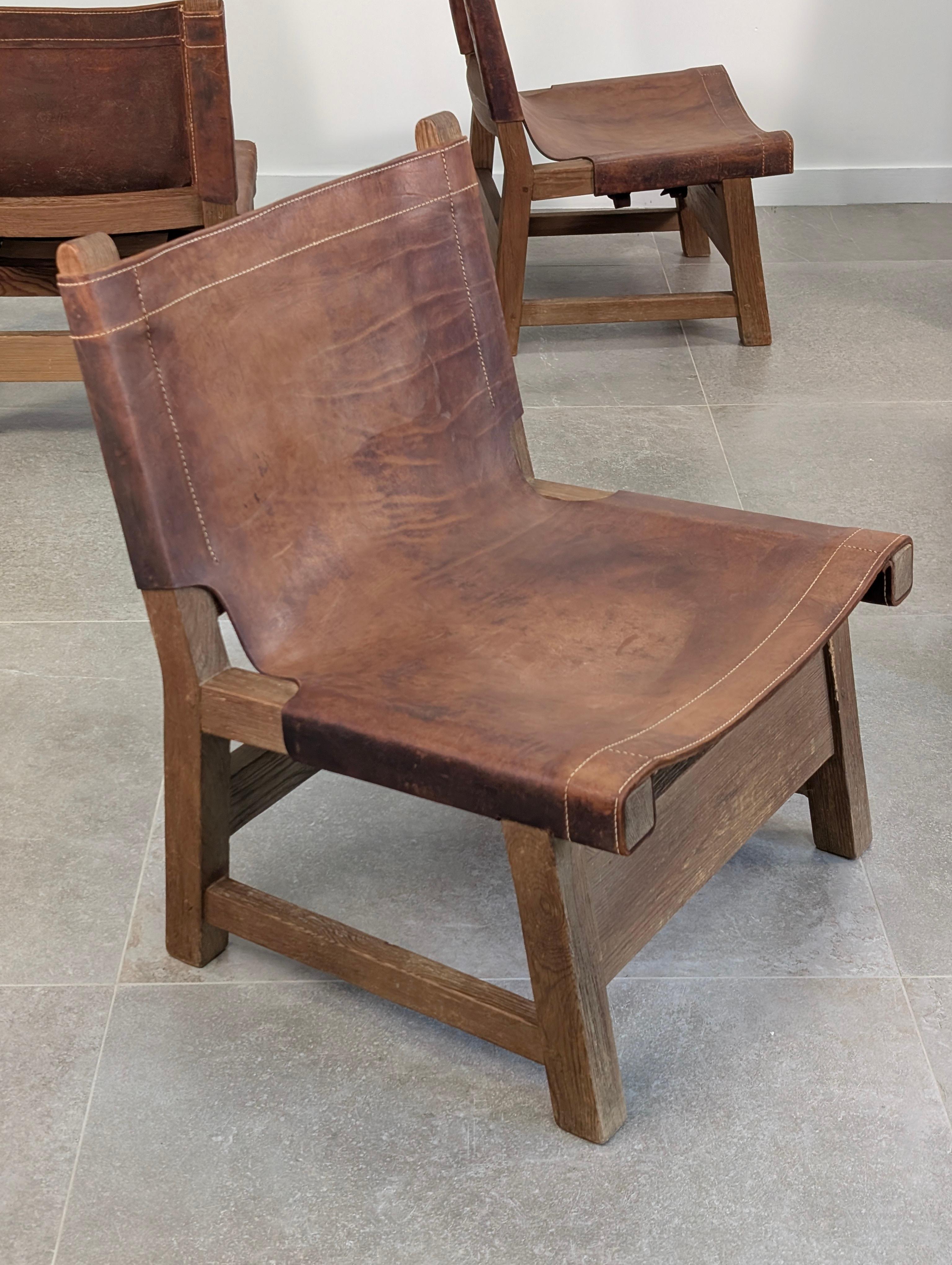 Set of 5 Spanish Leather and Oak Chairs, Paco Muñoz Style, 1960s For Sale 1