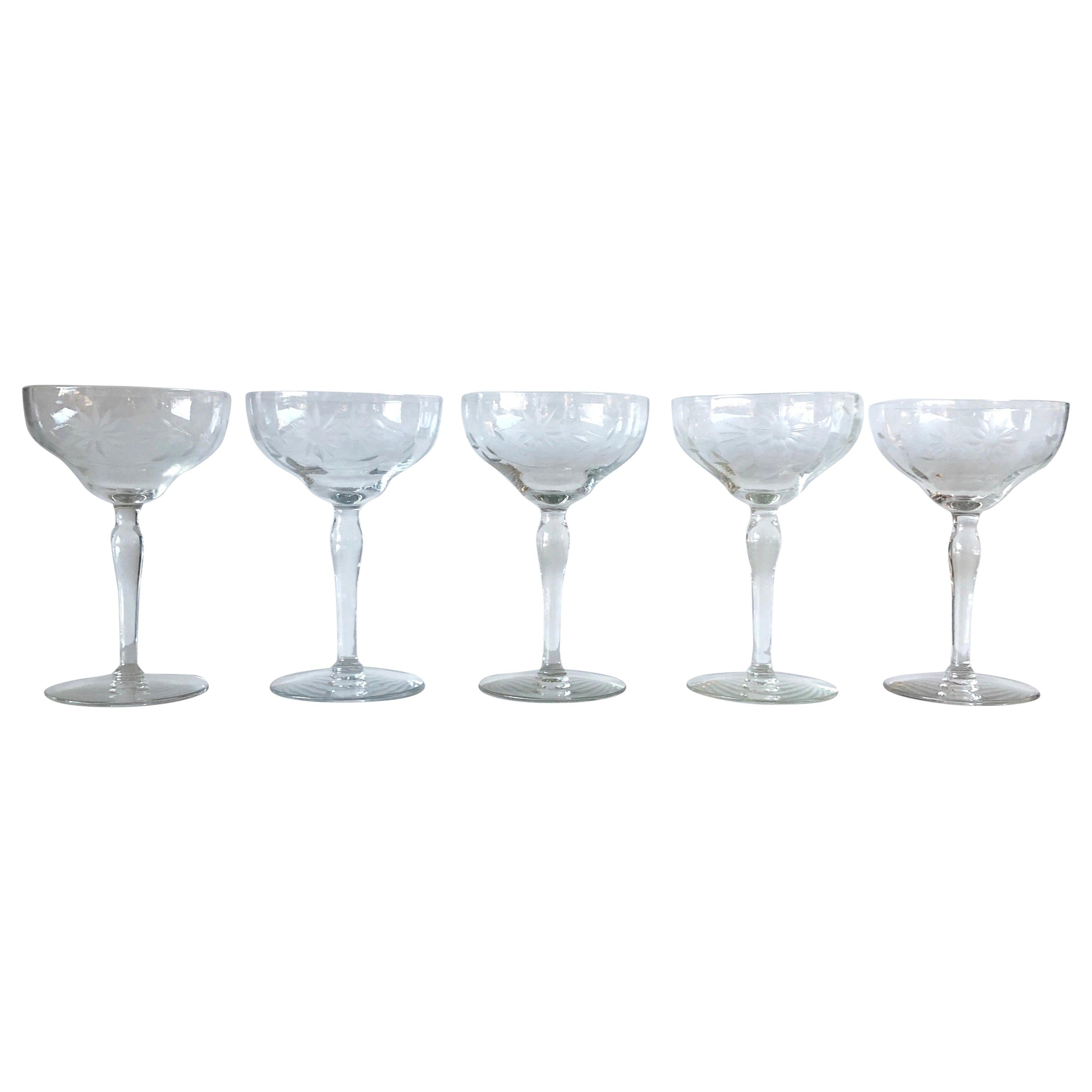 Set of 5 "Starburst" Pattern Cut Glass Champagne Coupes / Glasses at 1stDibs