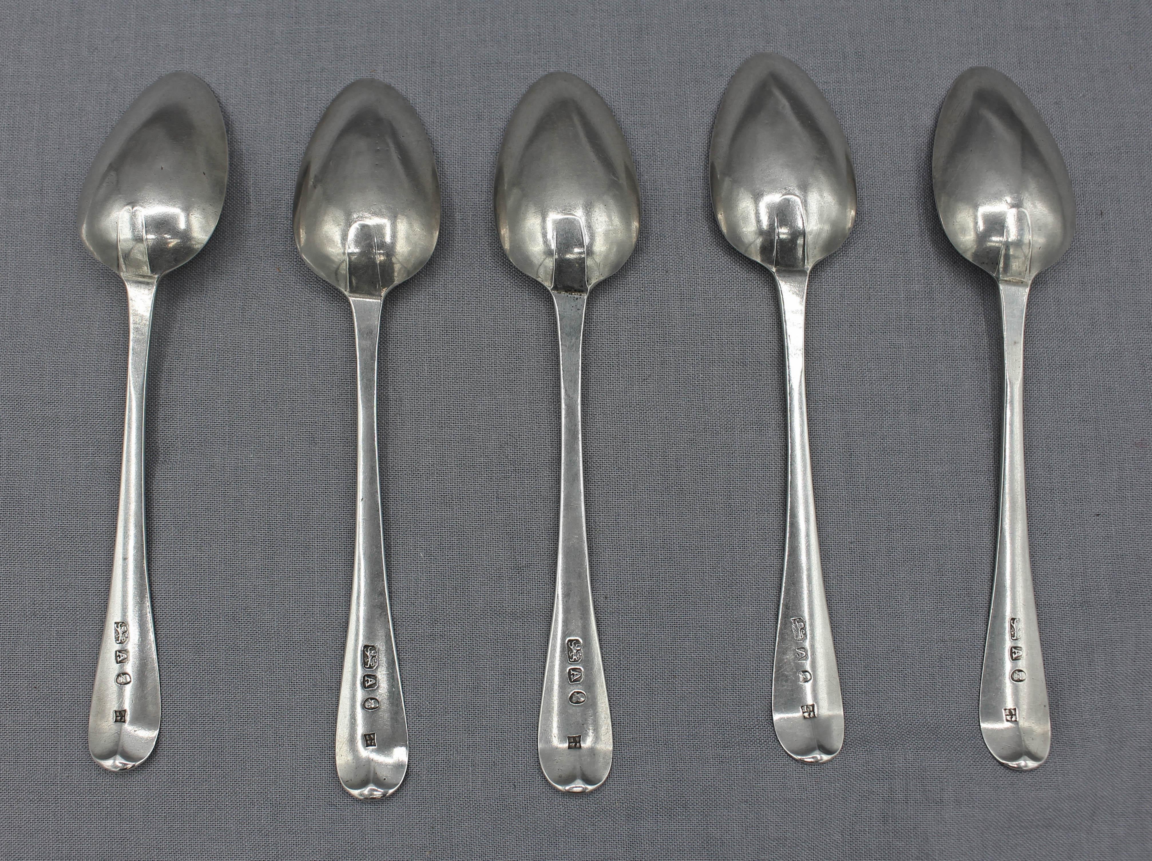 Set of 5 sterling silver coffee spoons by Peter & Ann Bateman, London, 1796. Georgian neoclassical design. Peter was Hester's son & Ann was the widow of her other son Jonathan. Engraved with never used monogram reserve & full bright cut motifs. 2.05