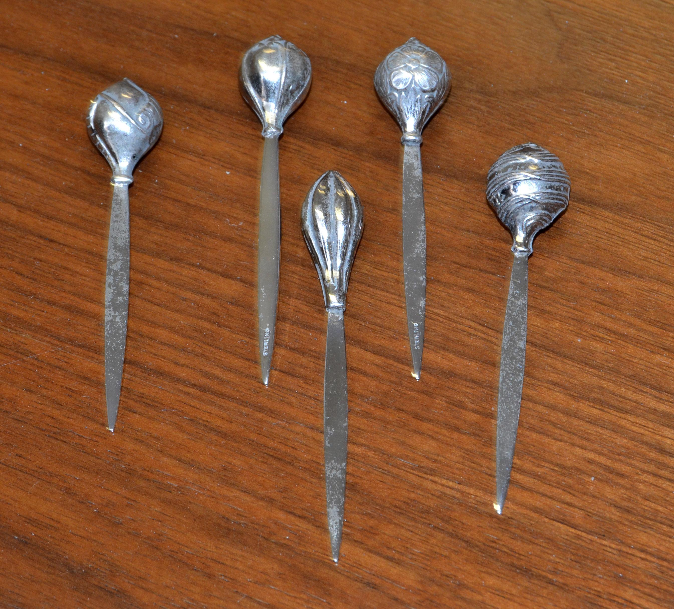 Set of 5 sterling silver charming Art Deco style cocktail appetizer picks. These picks feature 5 different large bulb finials that have a raised, 3-D like texture to them. We tried to capture how unique the texture of each finial is by zooming