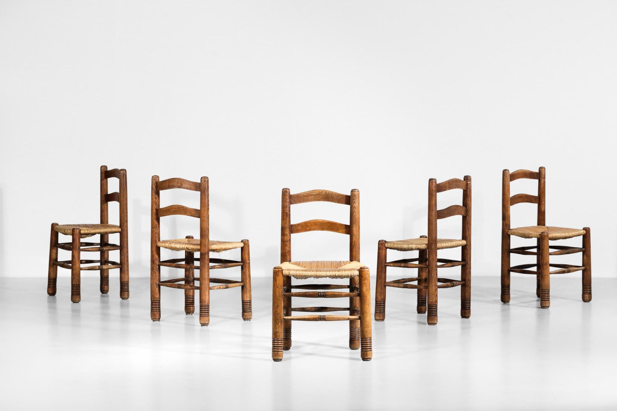Mid-Century Modern Ensemble de 5 chaises en paille de style Charles Dudouyt, design français en vente