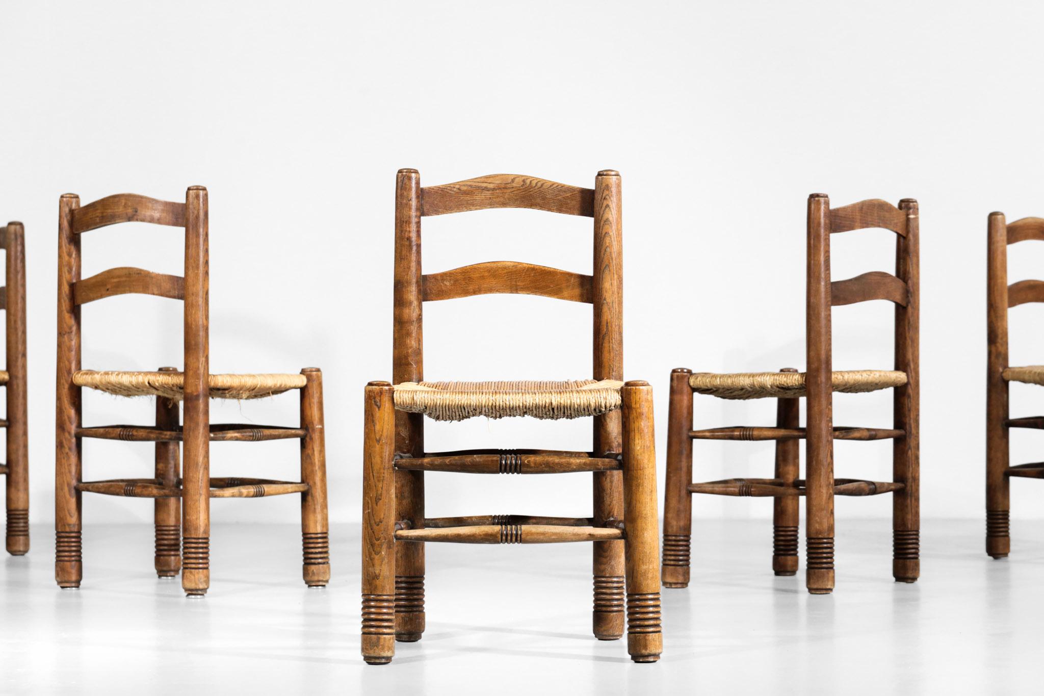 Mid-20th Century Set of 5 Straw Chairs Charles Dudouyt Style French Design For Sale
